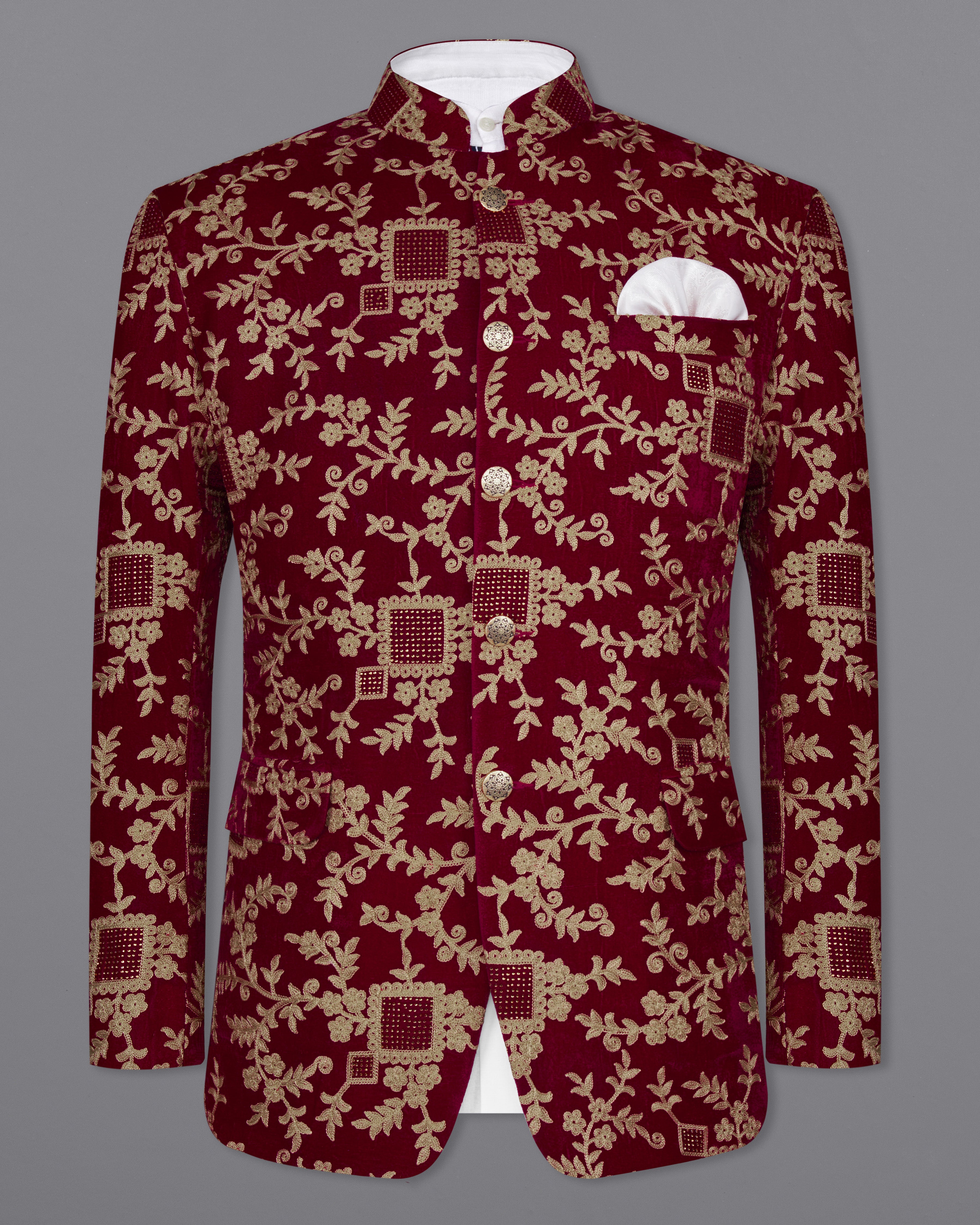 Castro Red with Oyster Brown Diamond Work with Cotton Thread Heavy Embroidered Bandhgala Designer Indo-Western Blazer