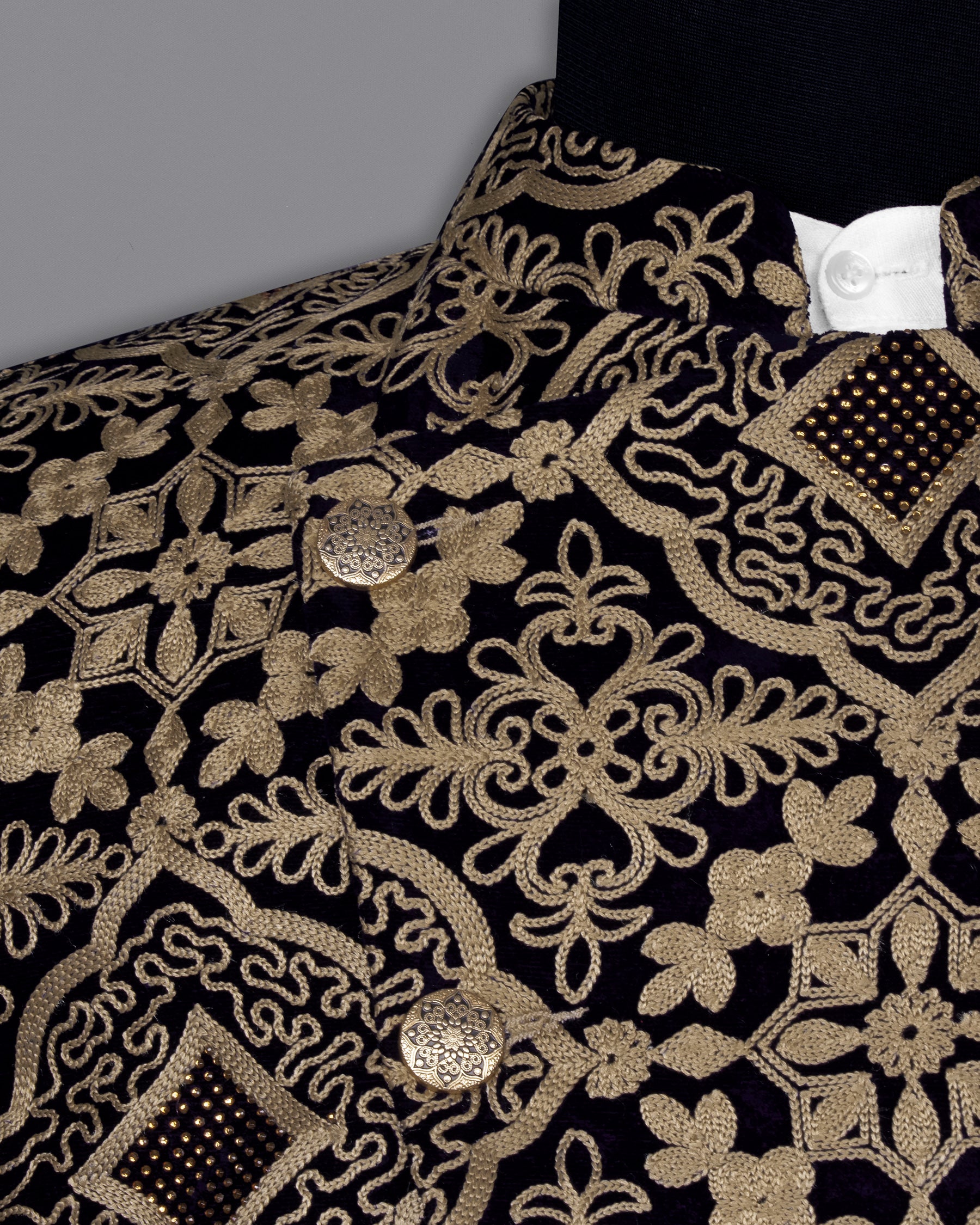 Sandal Brown and Jaguar Black Diamond Work with Cotton Thread Heavy Embroidered Cross Placket Bandhgala Designer Indo-Western Blazer