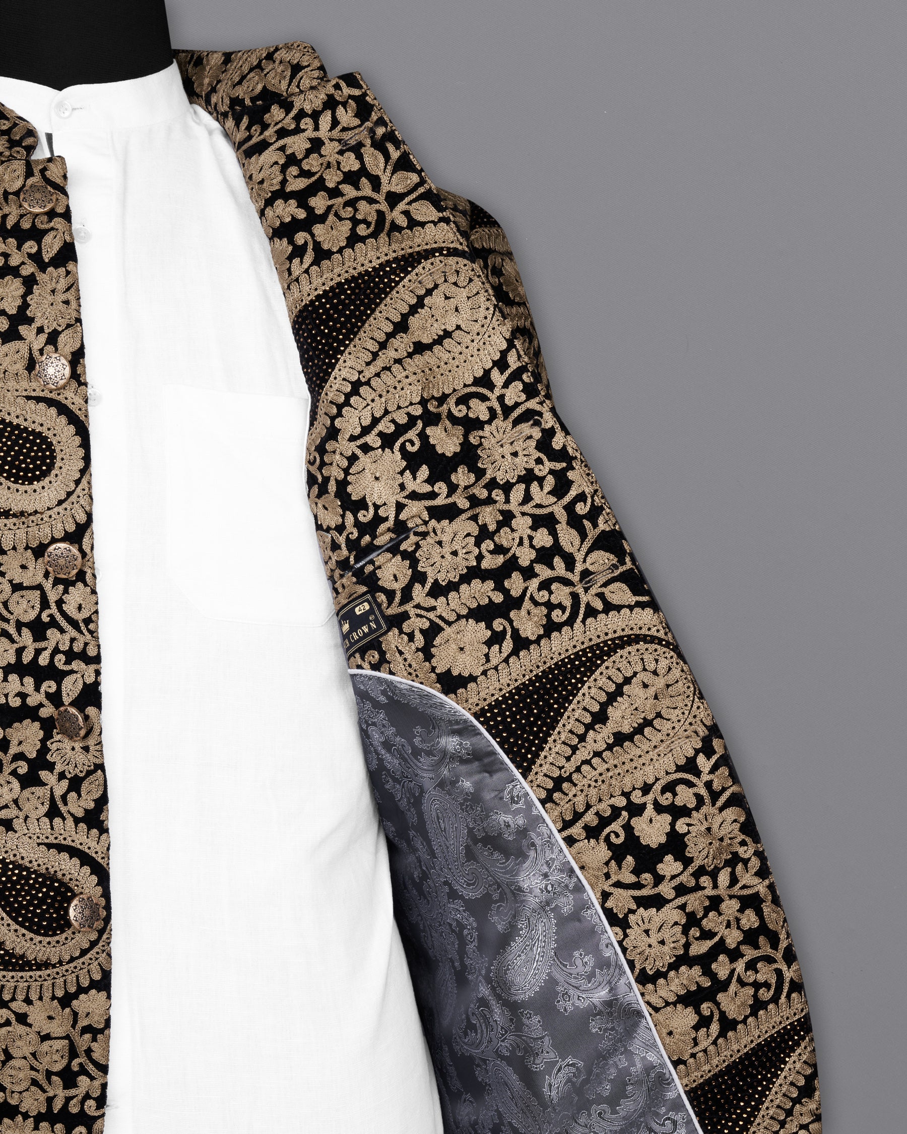 Muesli Brown and Jade Black Diamond Work with Cotton Thread Heavy Embroidered Bandhgala Designer Indo-Western Blazer