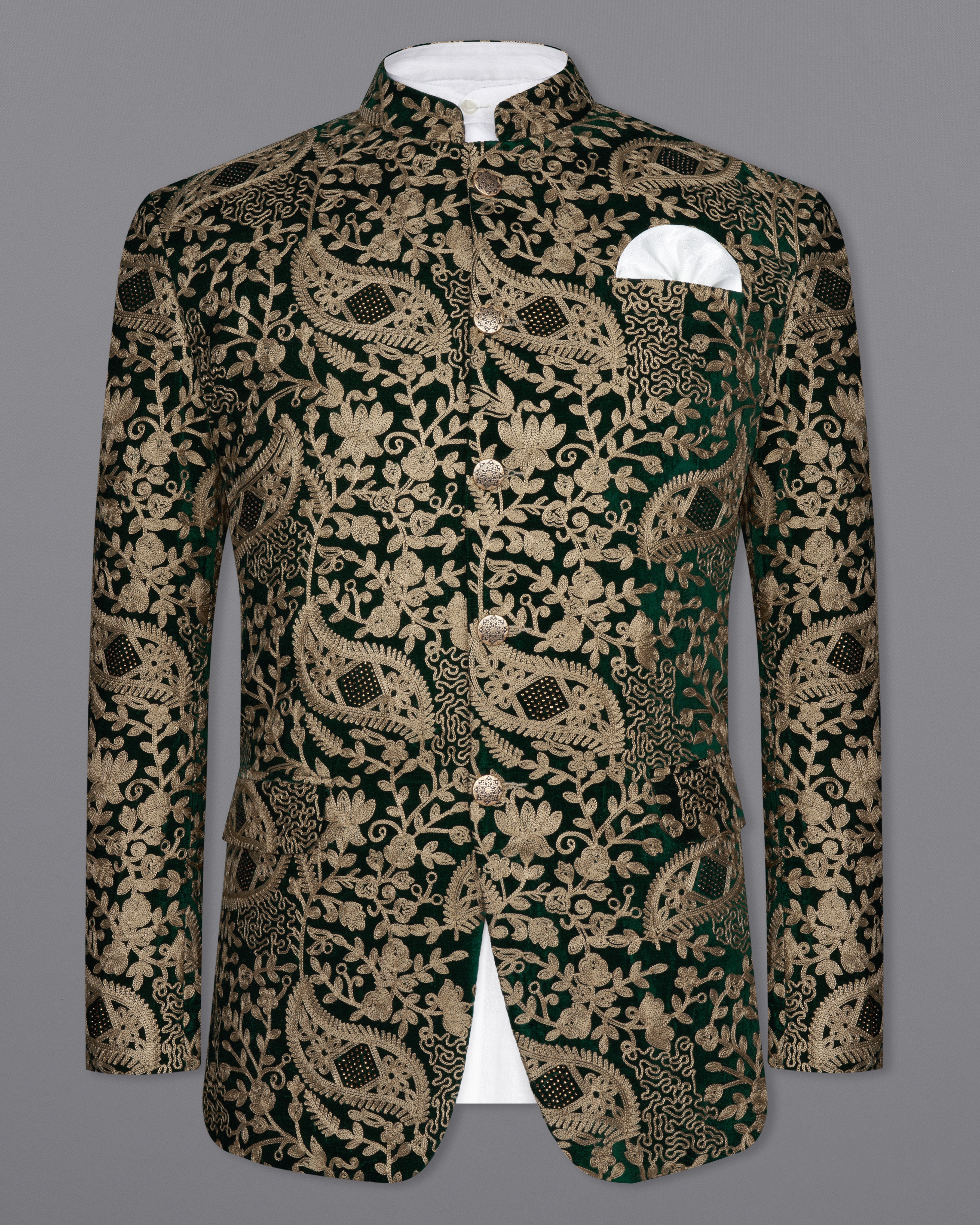 Beaver Brown with Asphalt Green Diamond Work with Cotton Thread Heavy Embroidered Bandhgala Designer Indo-Western Blazer