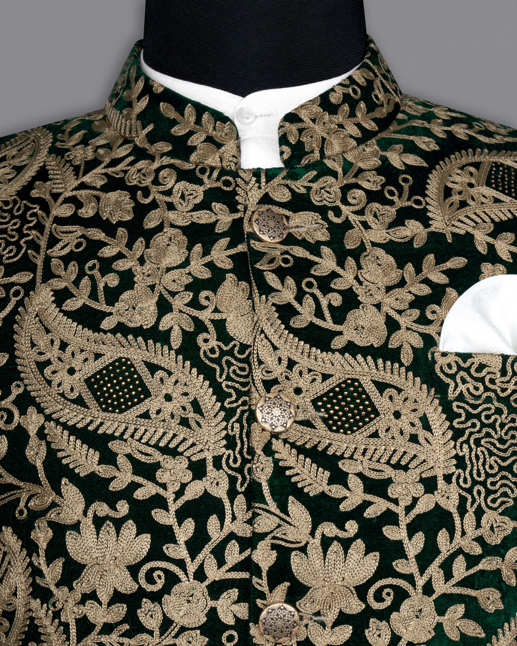 Beaver Brown with Asphalt Green Diamond Work with Cotton Thread Heavy Embroidered Bandhgala Designer Indo-Western Blazer