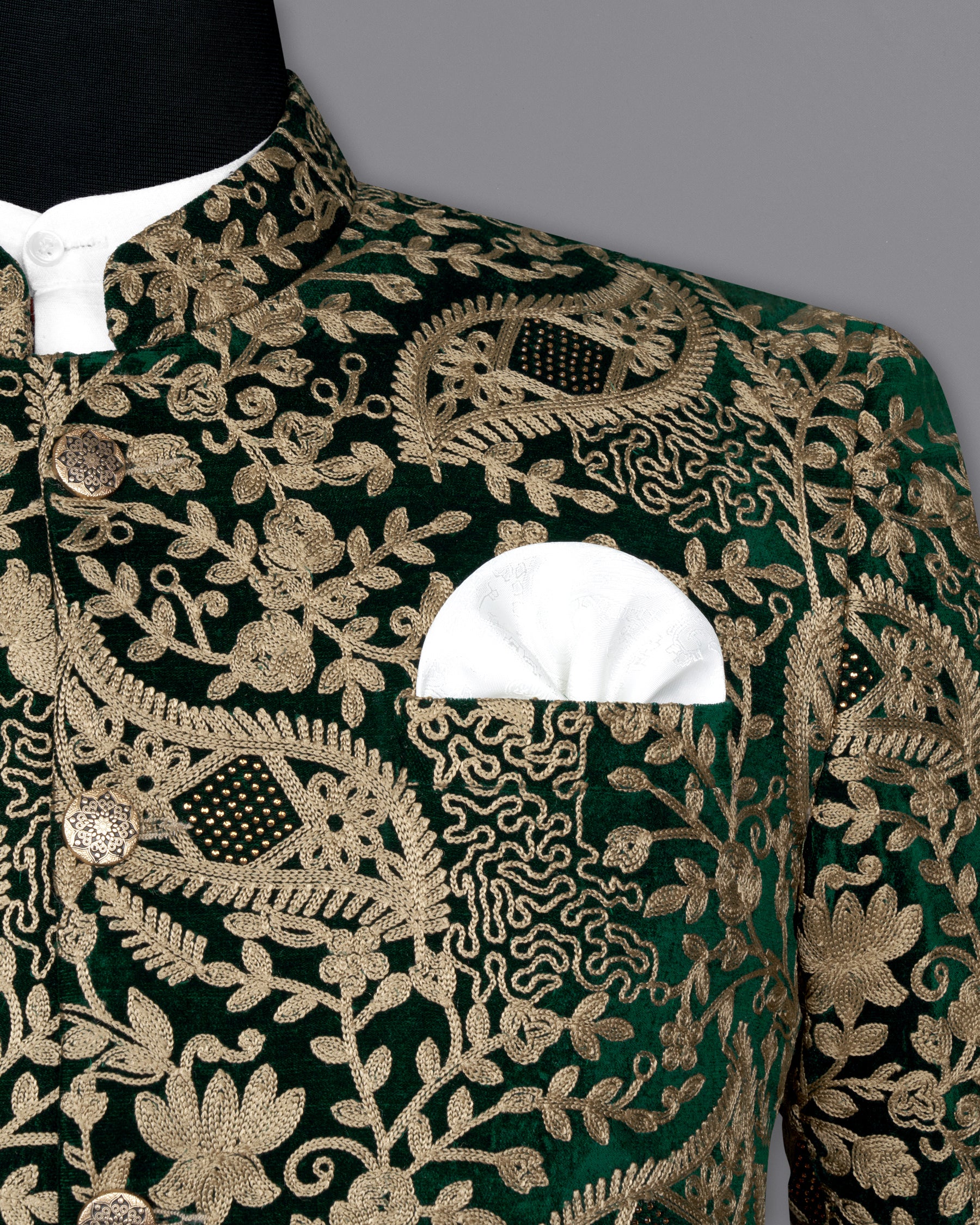 Beaver Brown with Asphalt Green Diamond Work with Cotton Thread Heavy Embroidered Bandhgala Designer Indo-Western Blazer