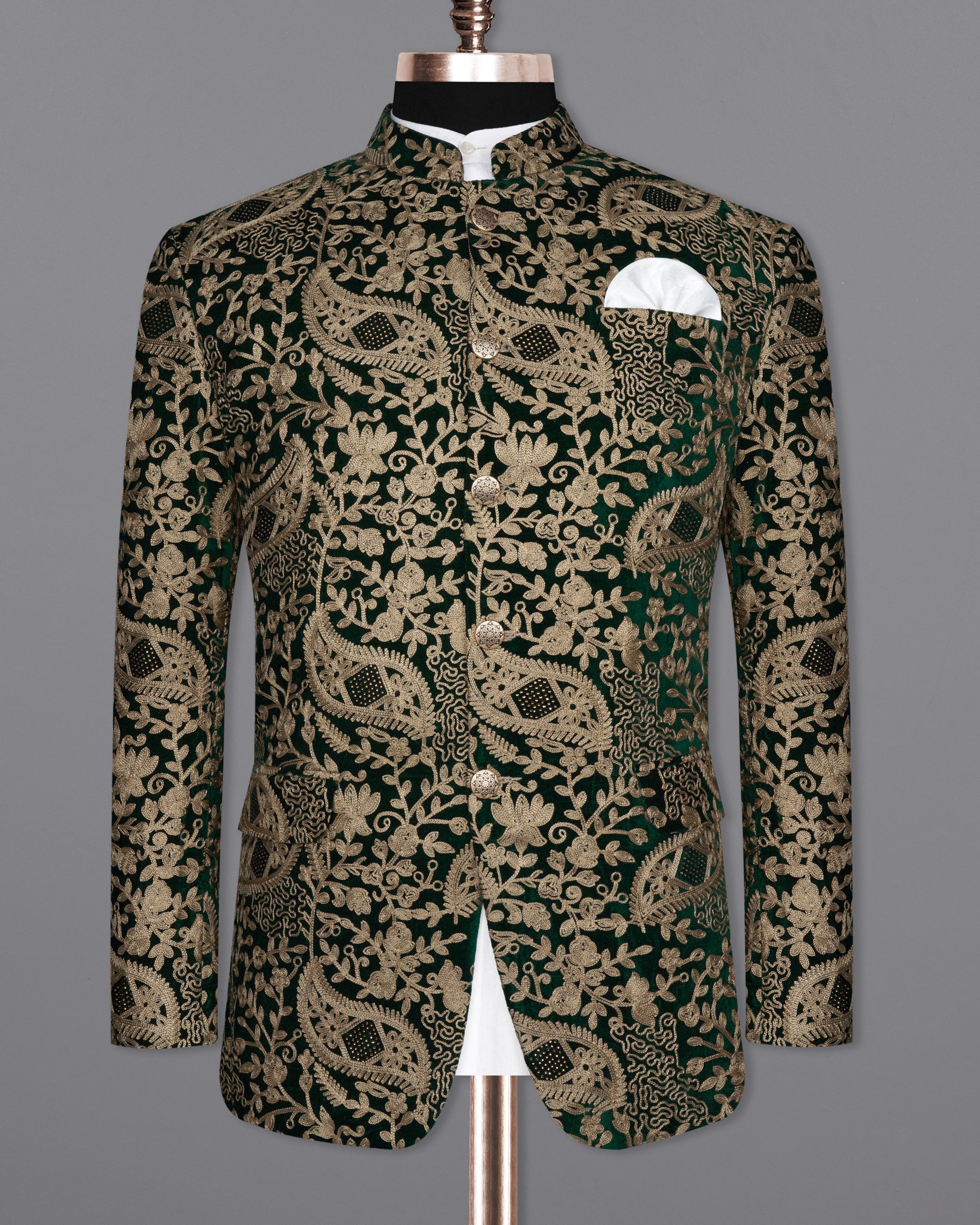 Beaver Brown with Asphalt Green Diamond Work with Cotton Thread Heavy Embroidered Bandhgala Designer Indo-Western Blazer