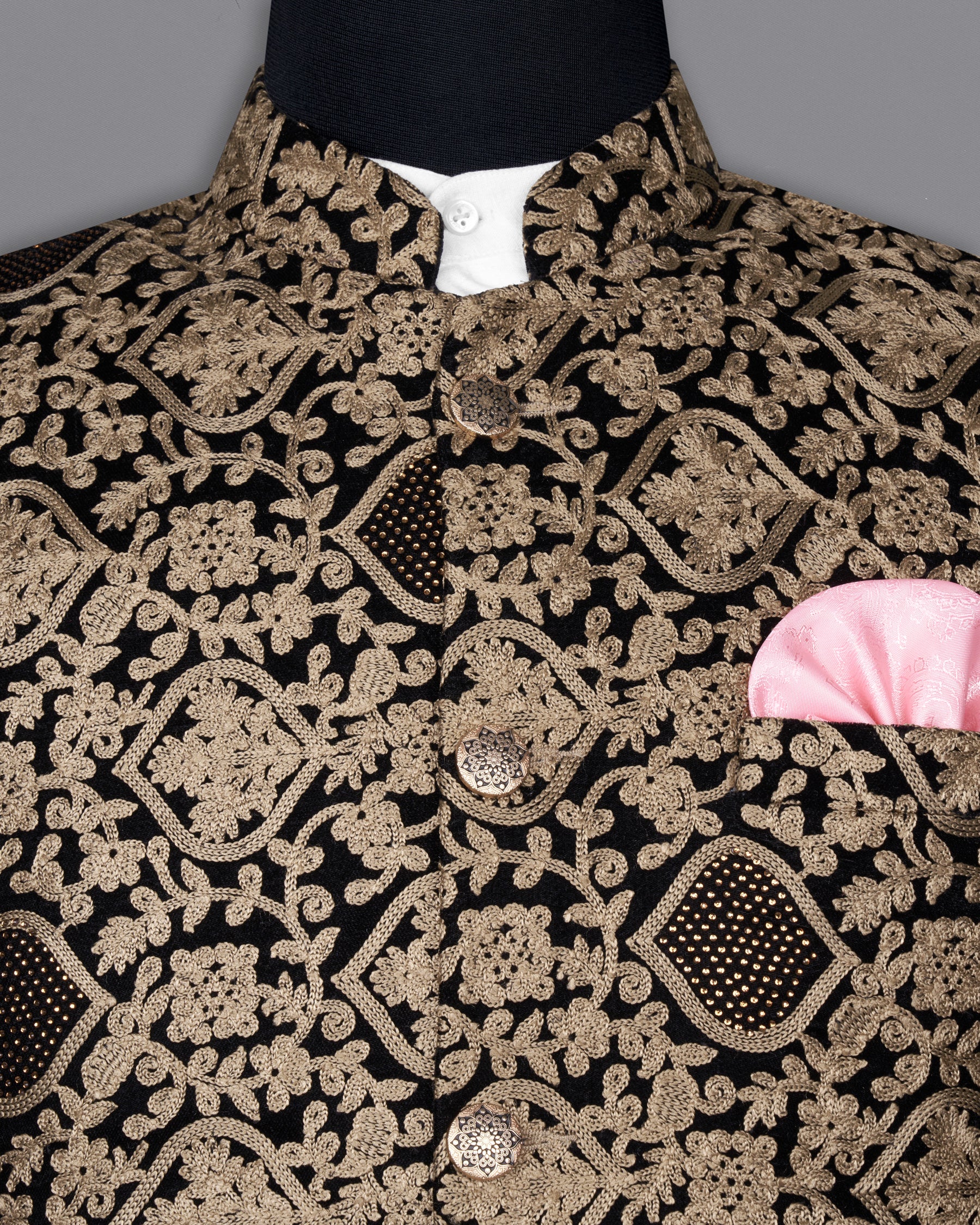 Stone Brown with Jade Black Diamond Work with Cotton Thread Heavy Embroidered Bandhgala Designer Indo-Western Blazer