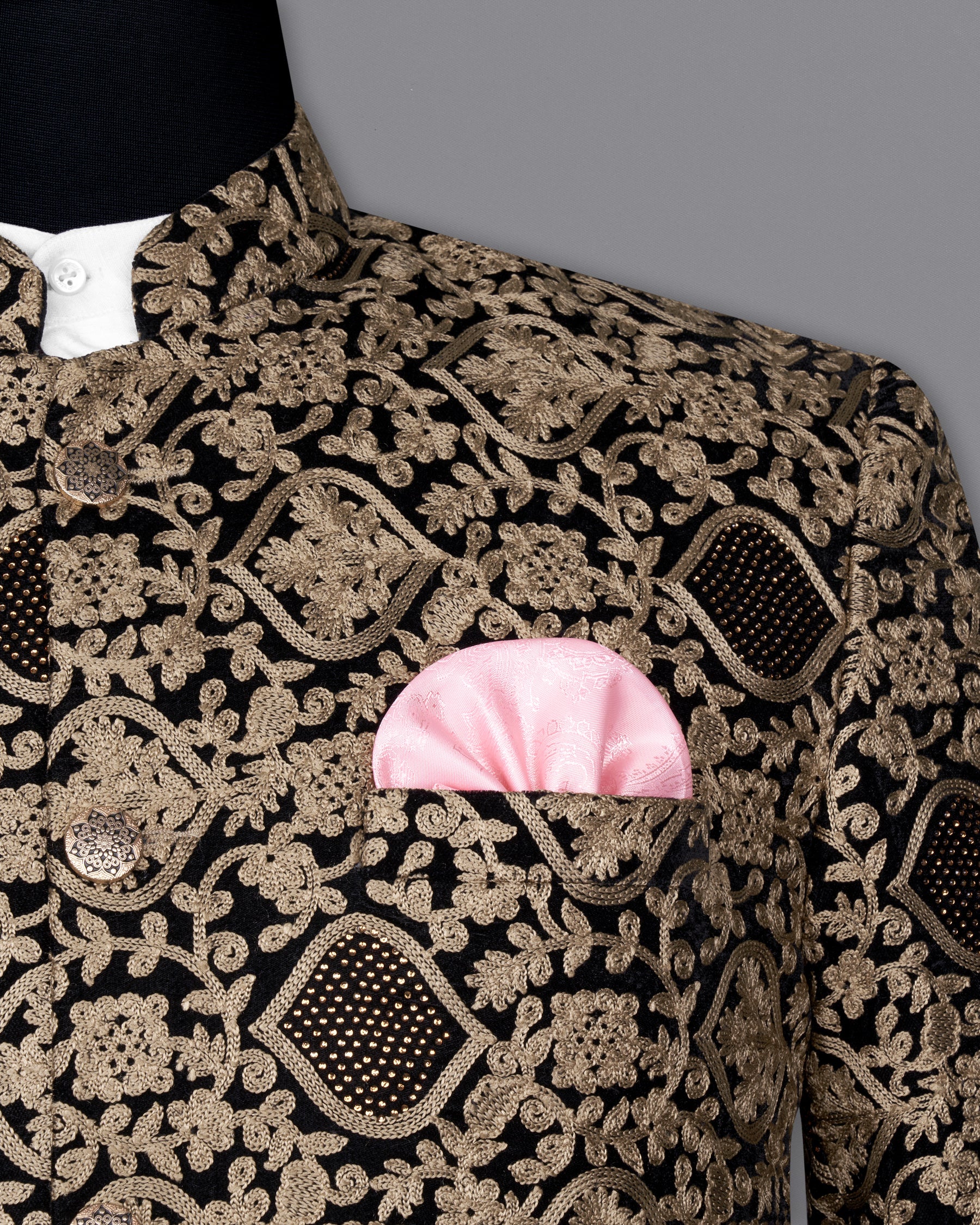 Stone Brown with Jade Black Diamond Work with Cotton Thread Heavy Embroidered Bandhgala Designer Indo-Western Blazer