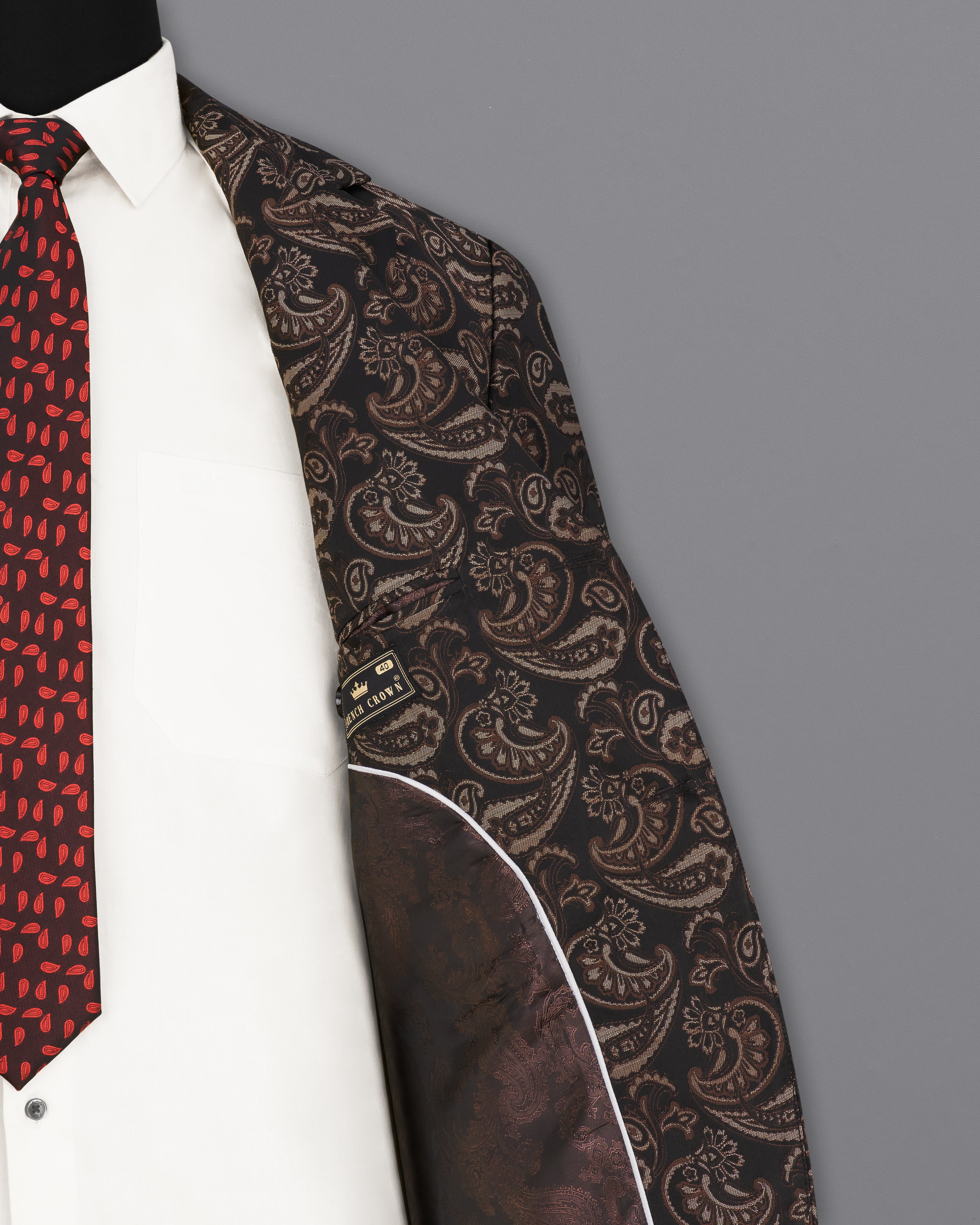 Stonewall Brown with Zeus Black Paisley Textured Single Breasted Designer Blazer