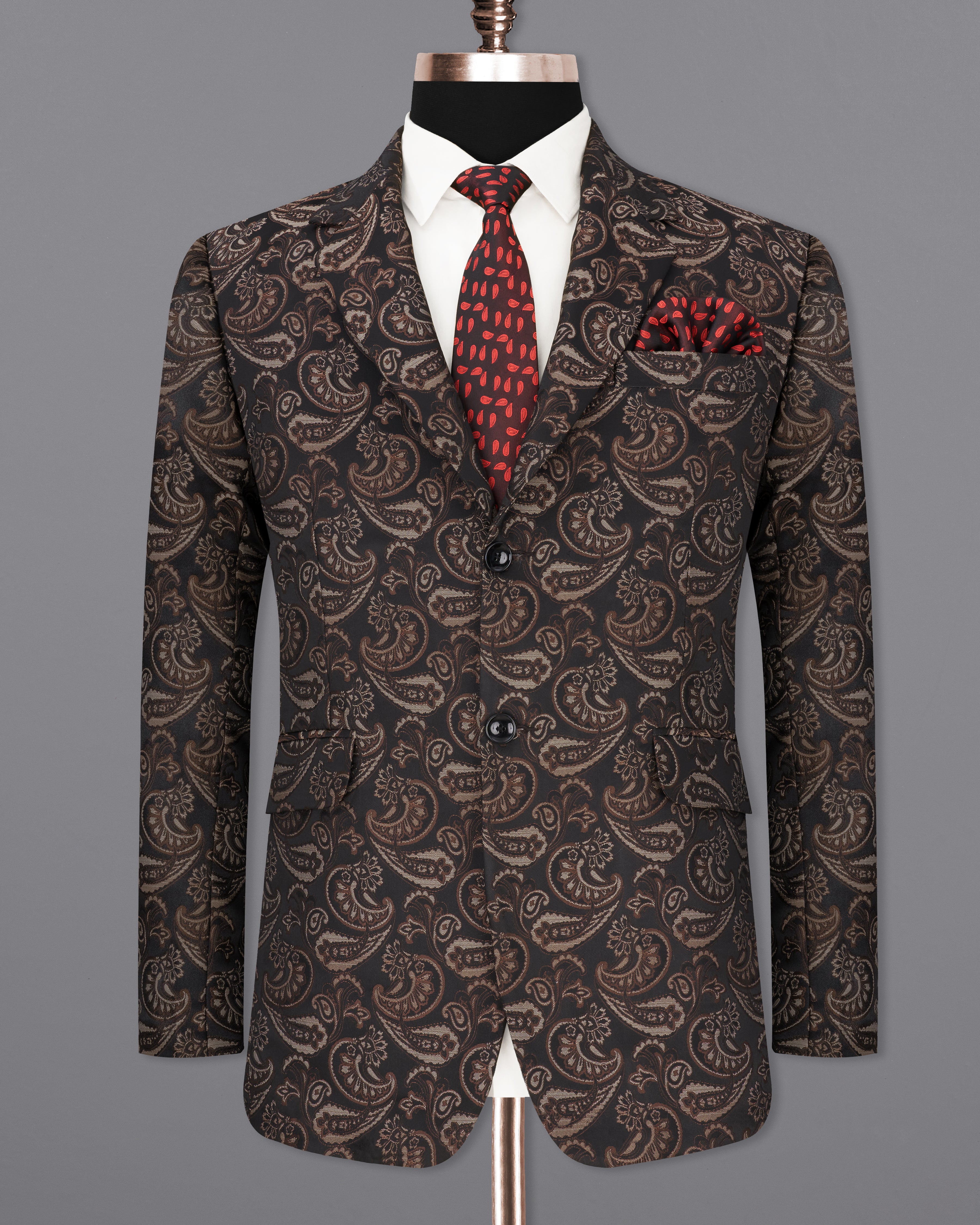 Stonewall Brown with Zeus Black Paisley Textured Single Breasted Designer Blazer