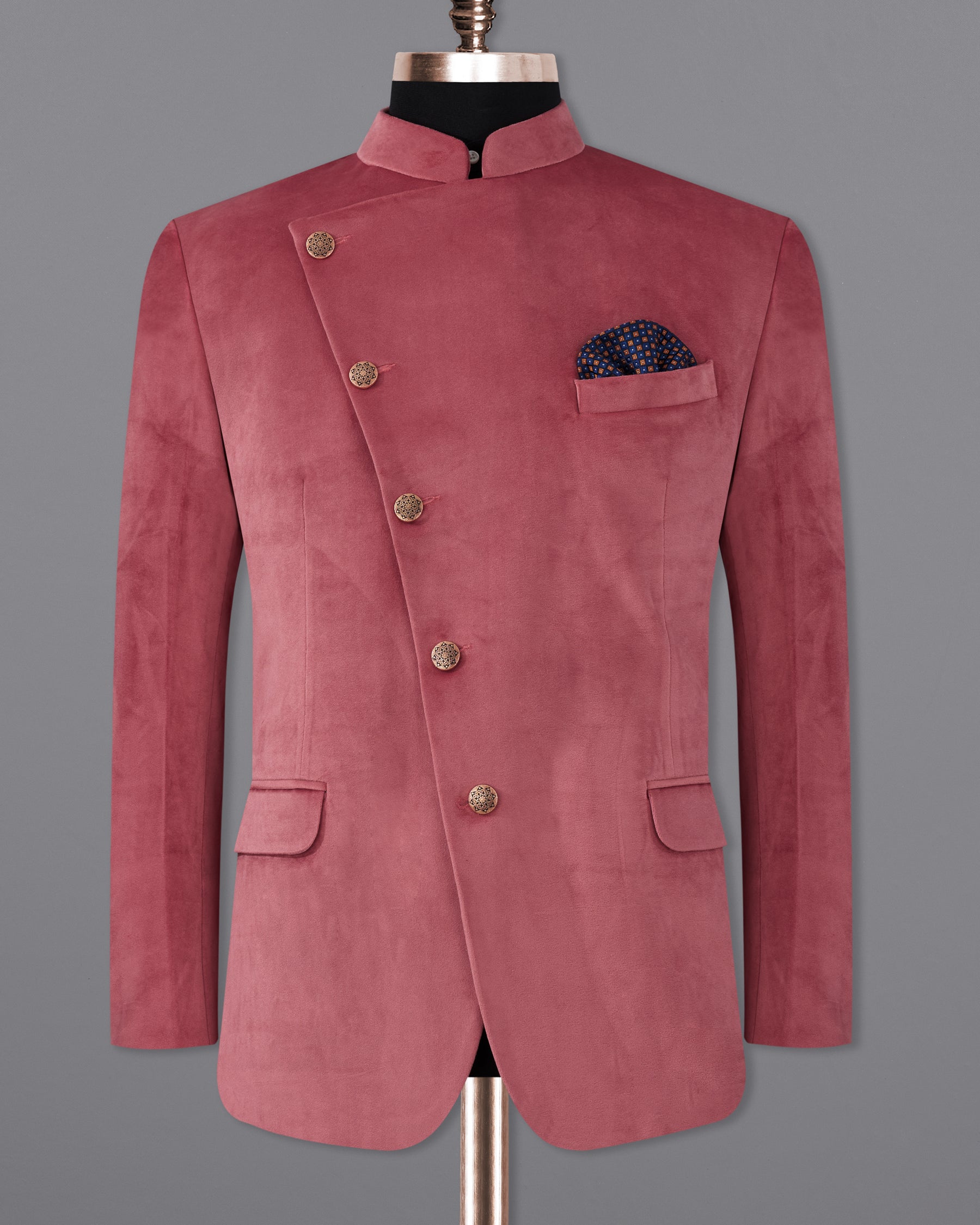 Coral Pink Cross Placket Bandhgala Premium Velvet Designer Blazer