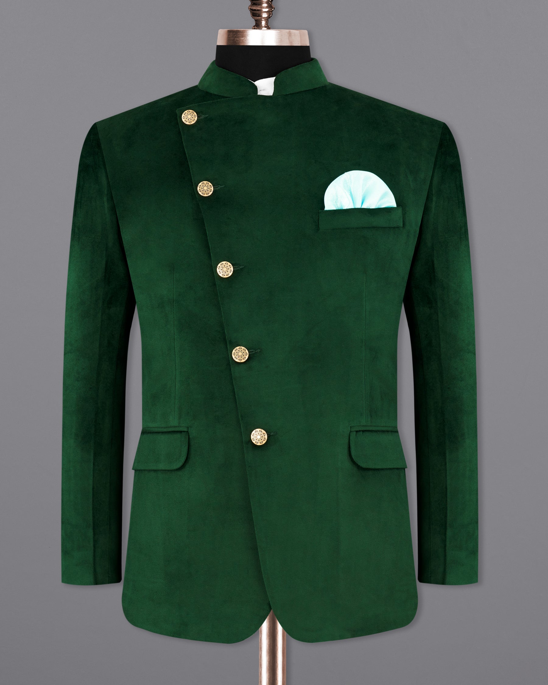 Phthalo Green Cross Placket  Bandhgala Premium Velvet Designer Blazer