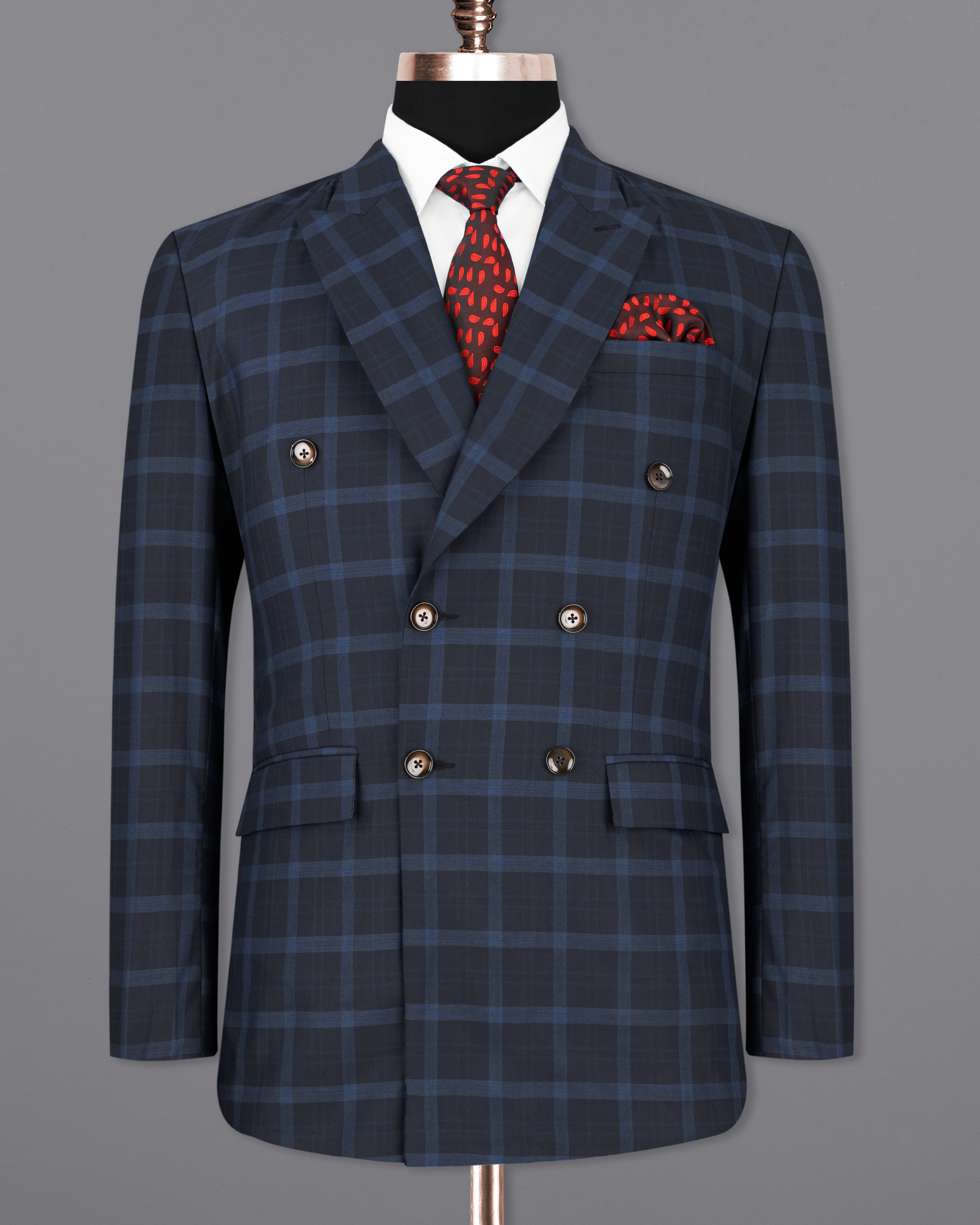 Baltic Sea Navy Blue Windowpane Double Breasted Blazer