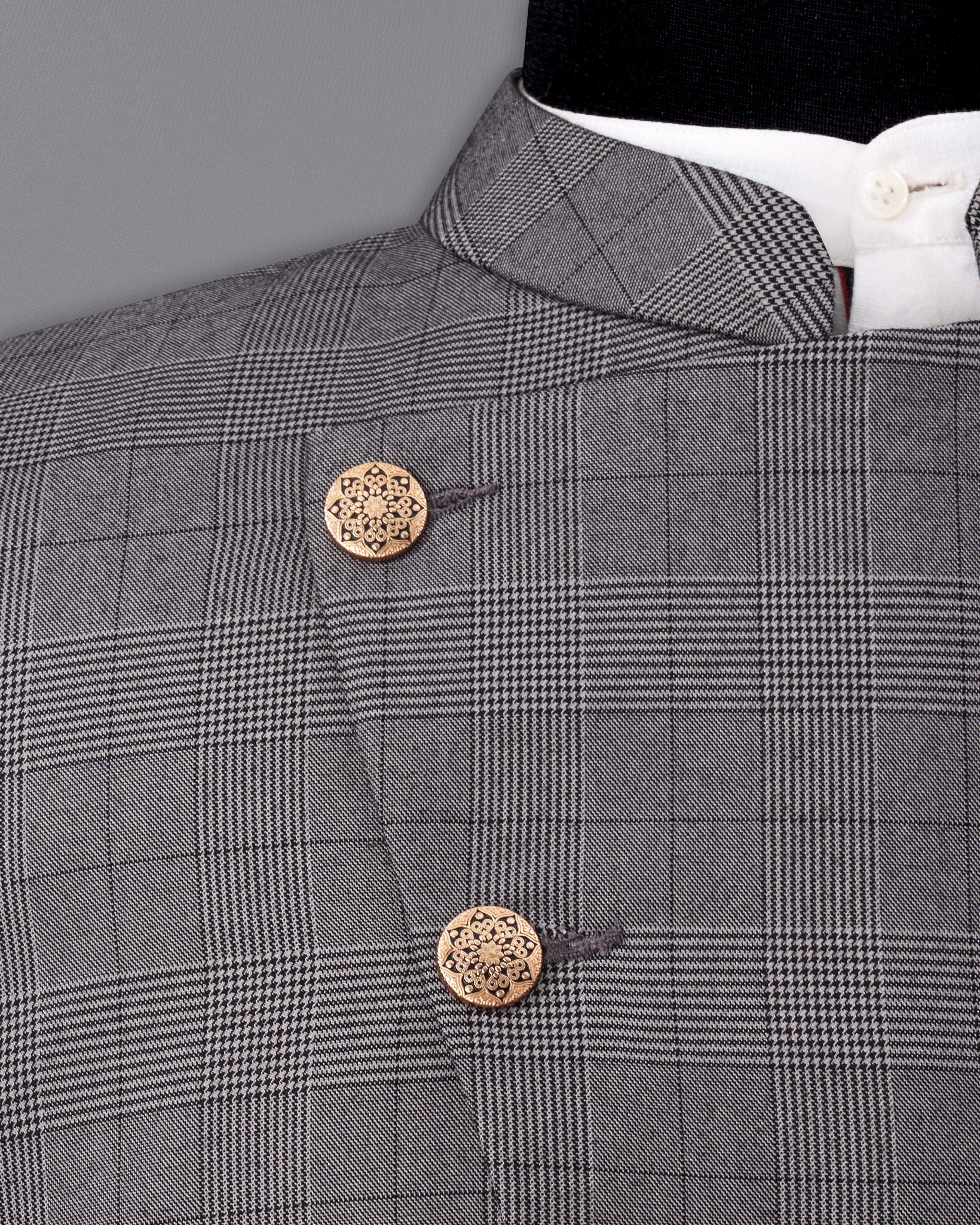 Fuscous Gray Plaid Cross Placket  Bandhgala Blazer