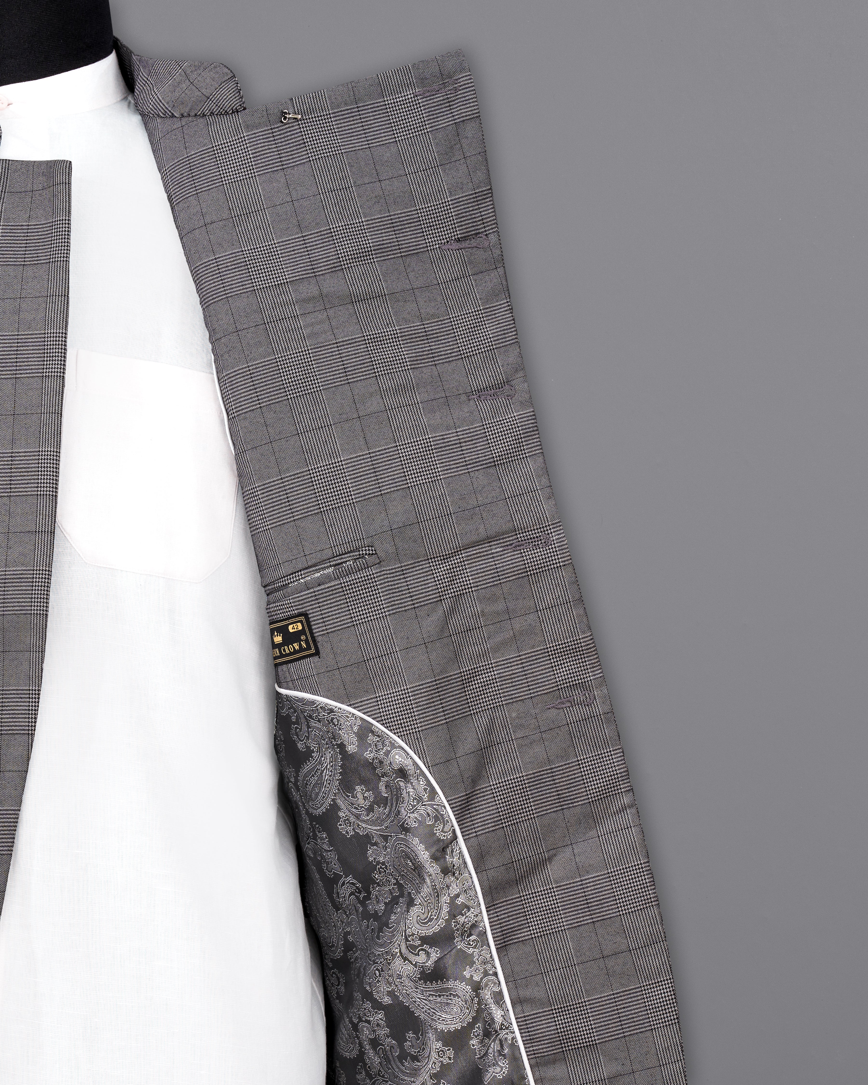 Fuscous Gray Plaid Cross Placket  Bandhgala Blazer