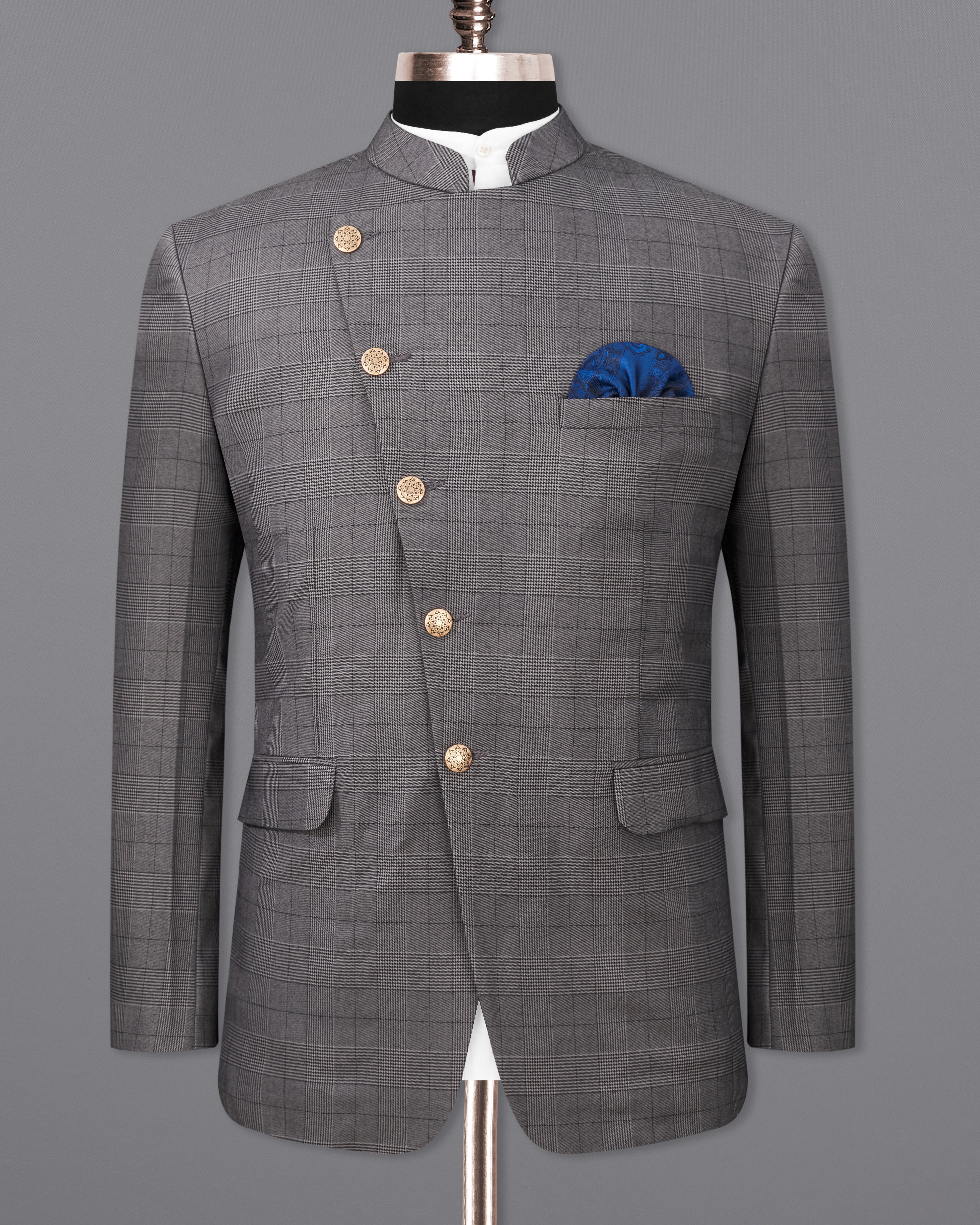 Fuscous Gray Plaid Cross Placket  Bandhgala Blazer