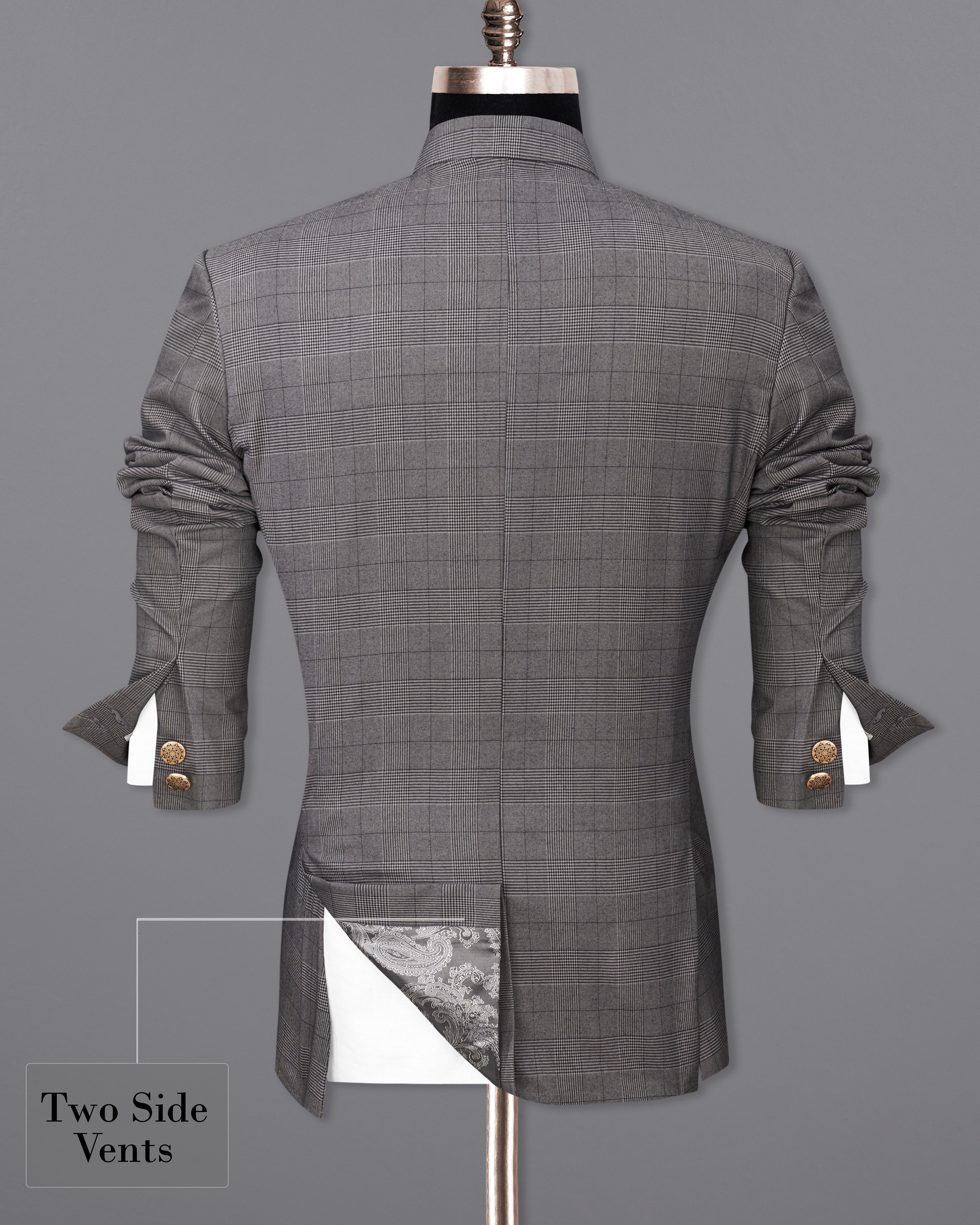 Fuscous Gray Plaid Cross Placket  Bandhgala Blazer