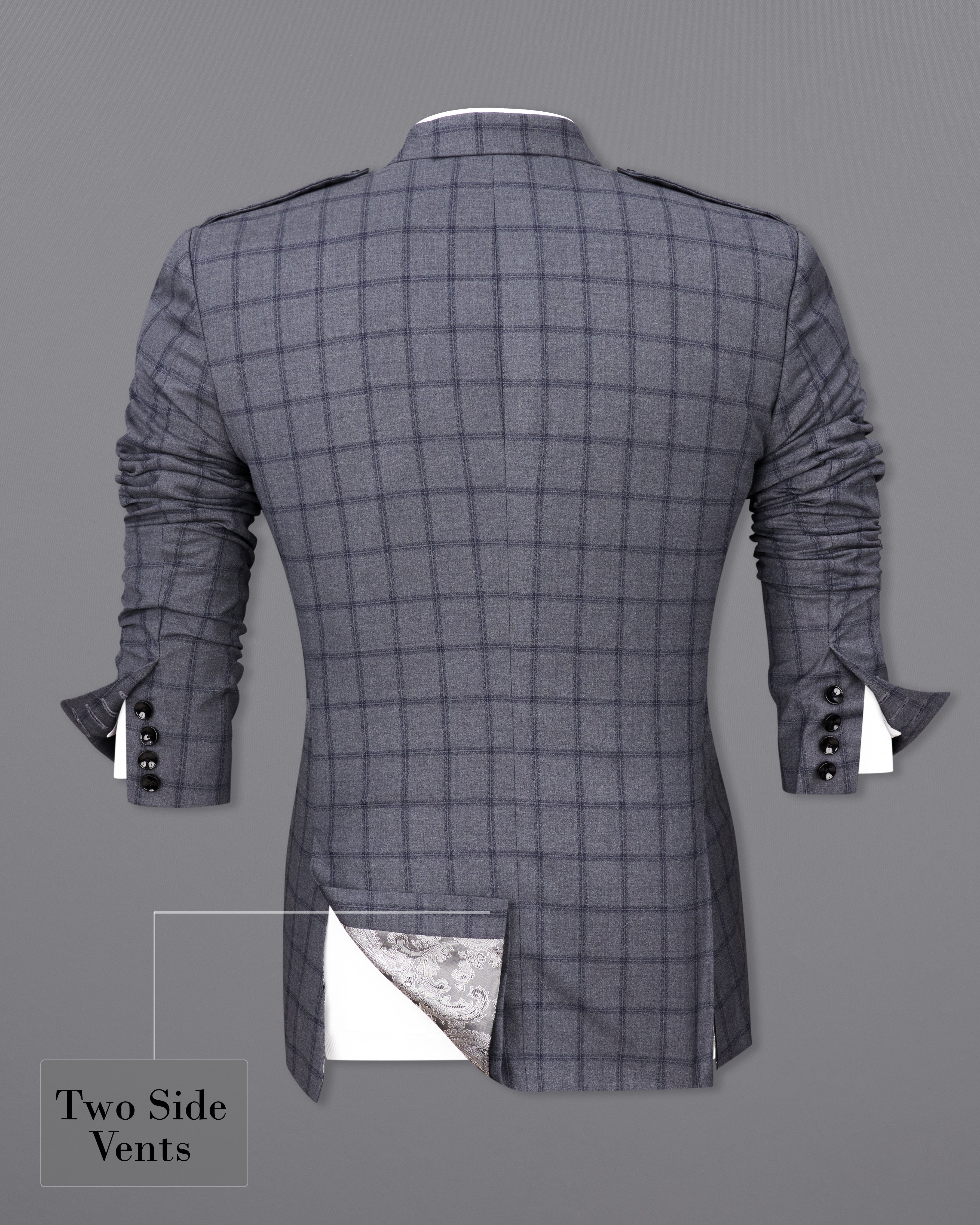 Wenge Gray Windowpane Double Breasted Designer Blazer with Belt Closure