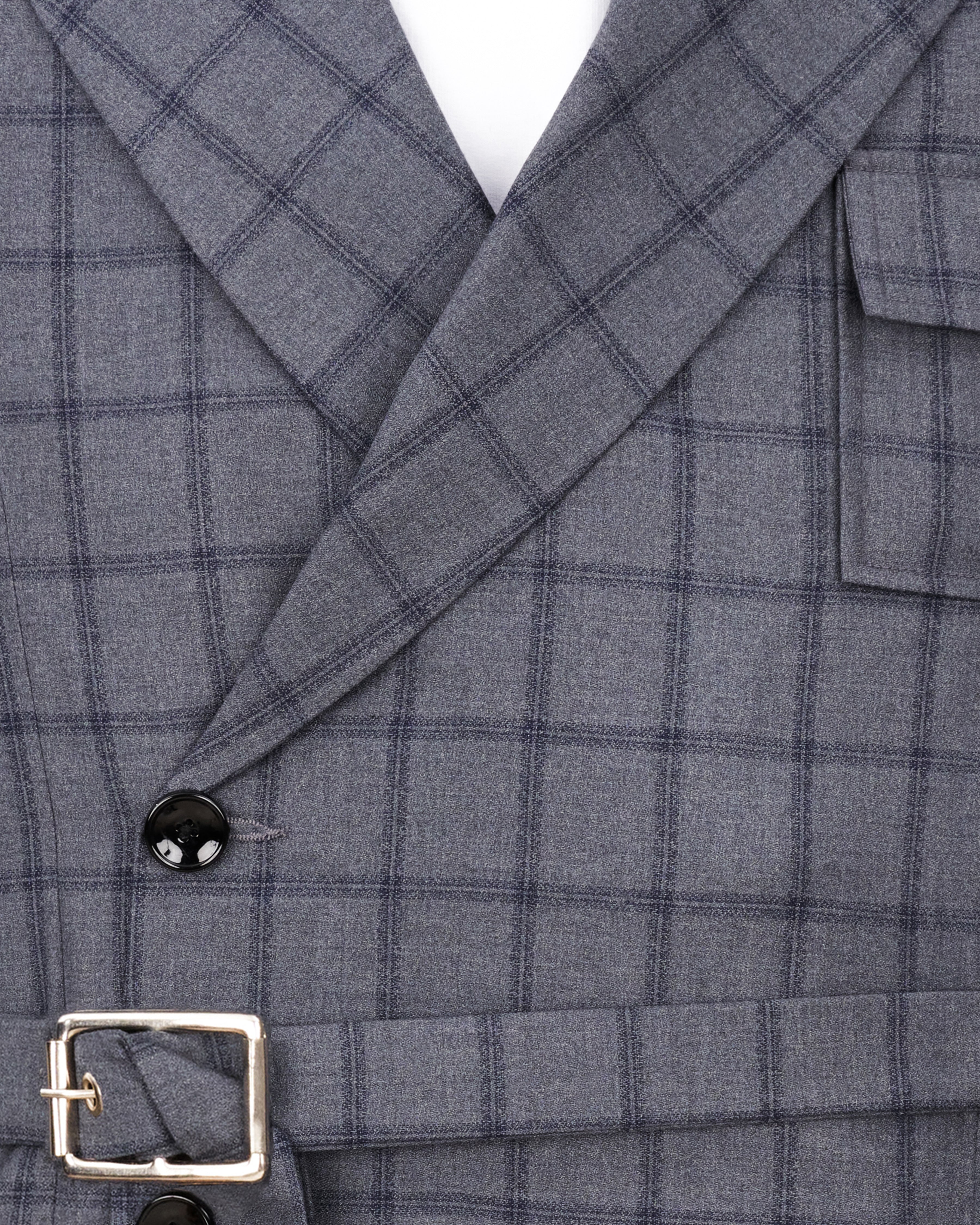 Wenge Gray Windowpane Double Breasted Designer Blazer with Belt Closure