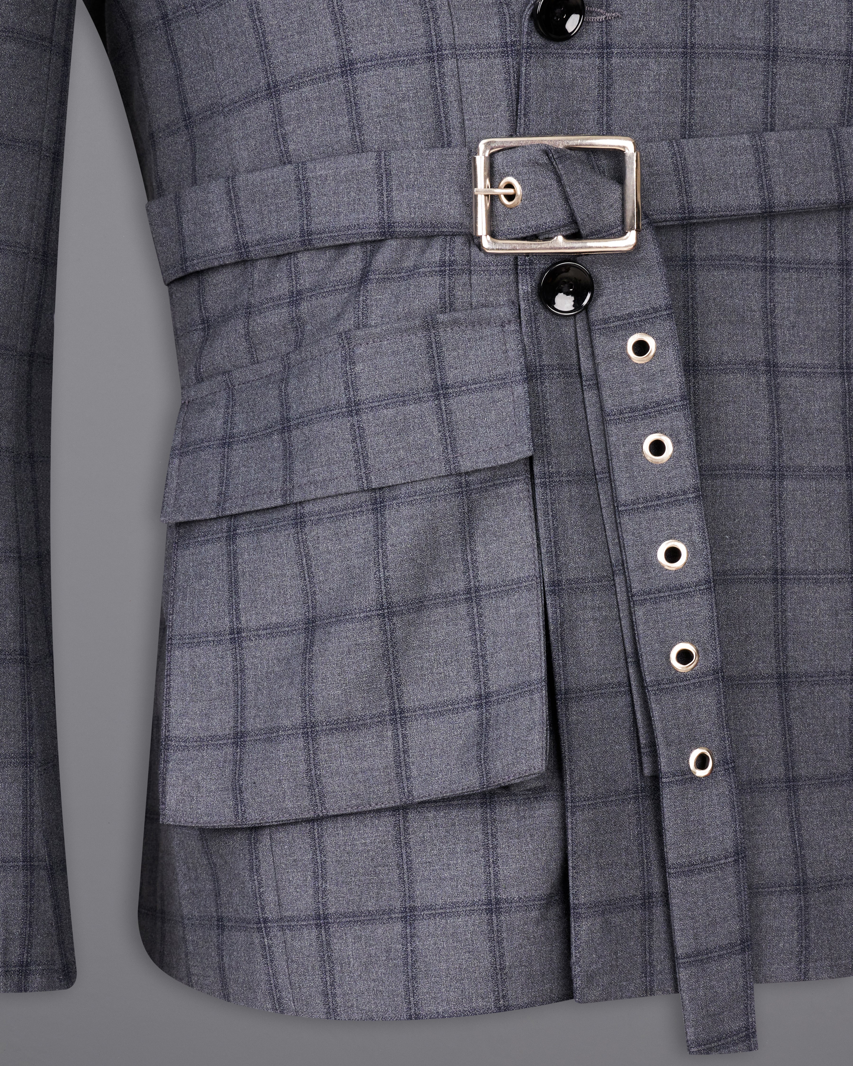 Wenge Gray Windowpane Double Breasted Designer Blazer with Belt Closure