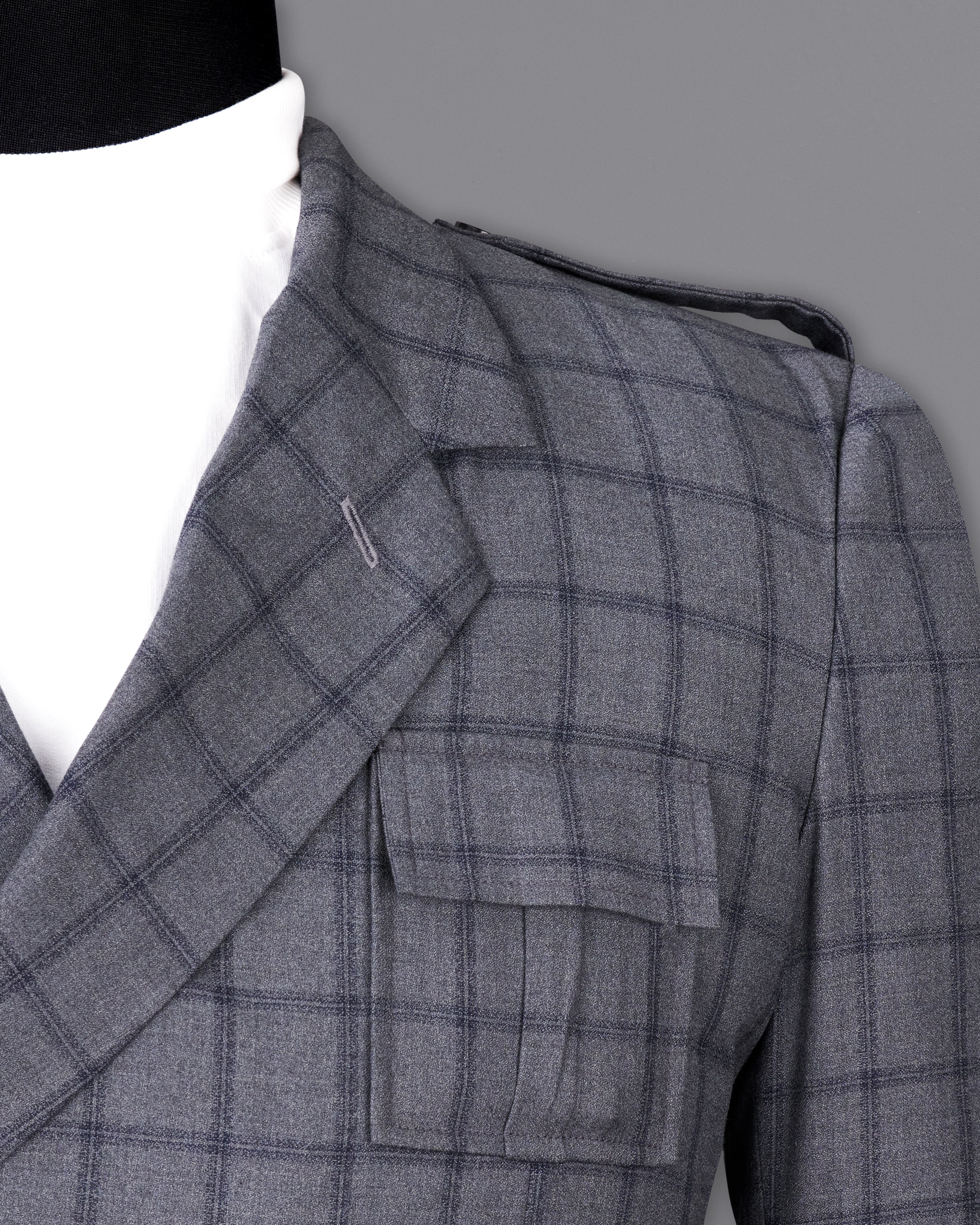 Wenge Gray Windowpane Double Breasted Designer Blazer with Belt Closure