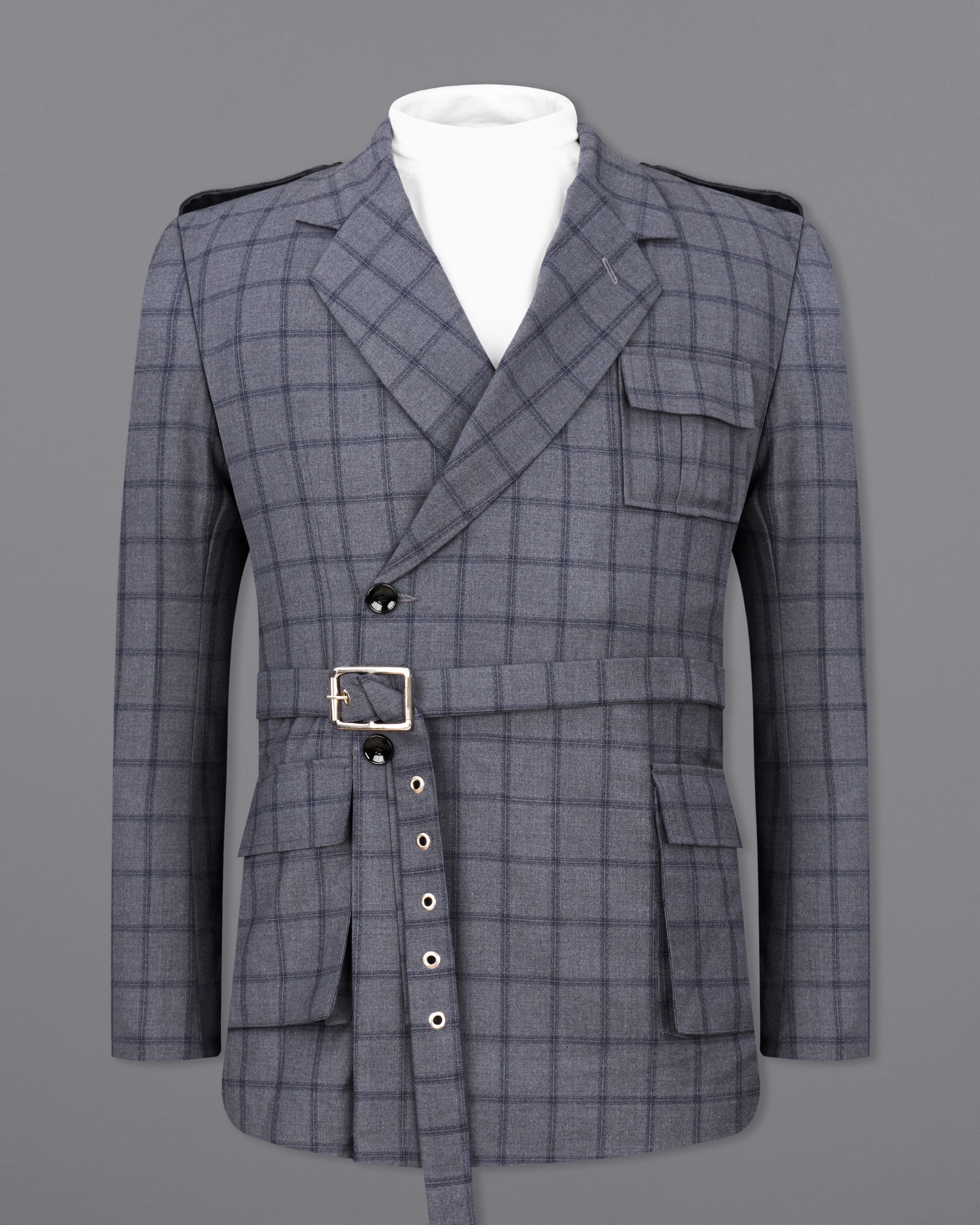 Wenge Gray Windowpane Double Breasted Designer Blazer with Belt Closure