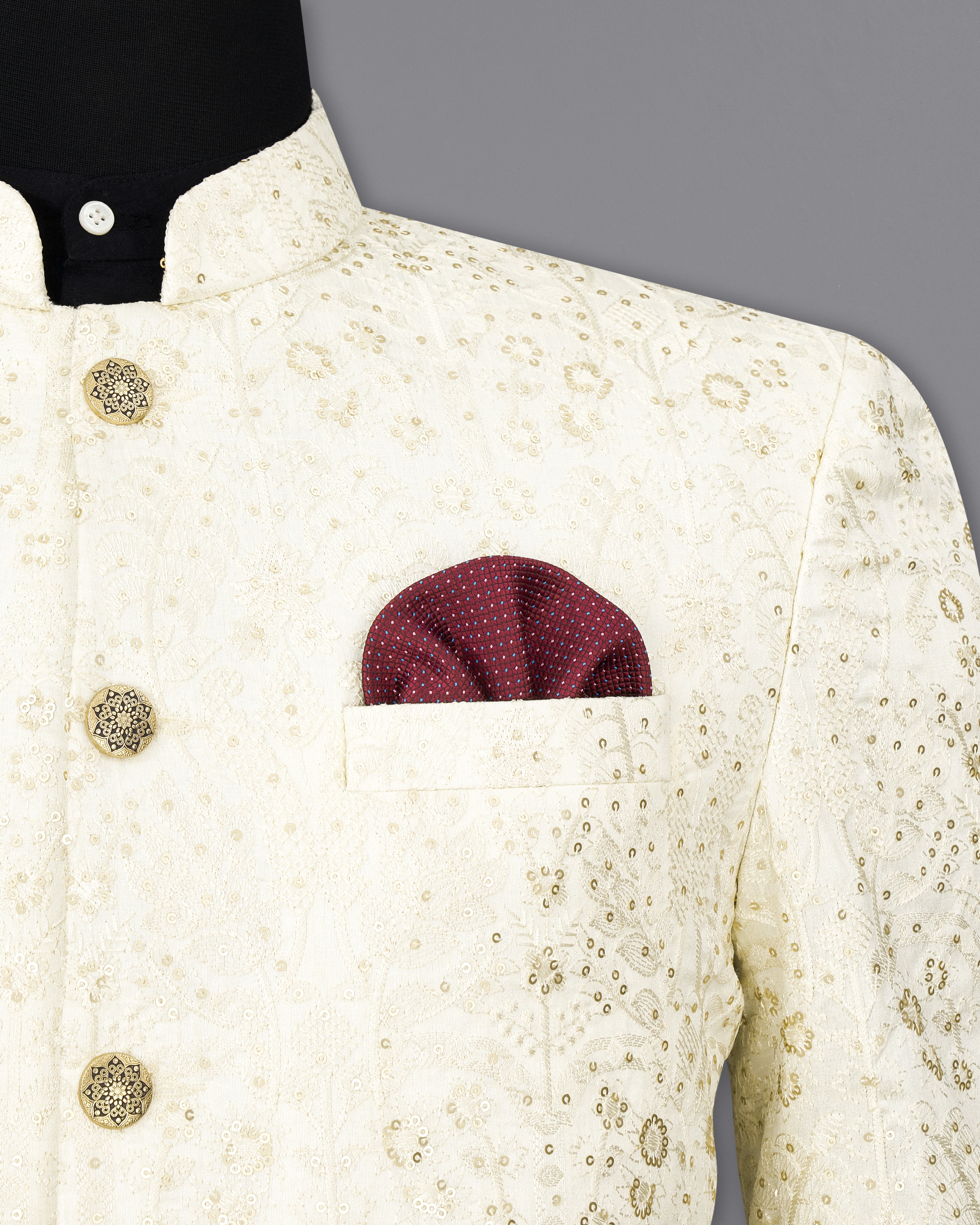 Merino Cream Cotton Thread Embroidered Bandhgala Blazer
