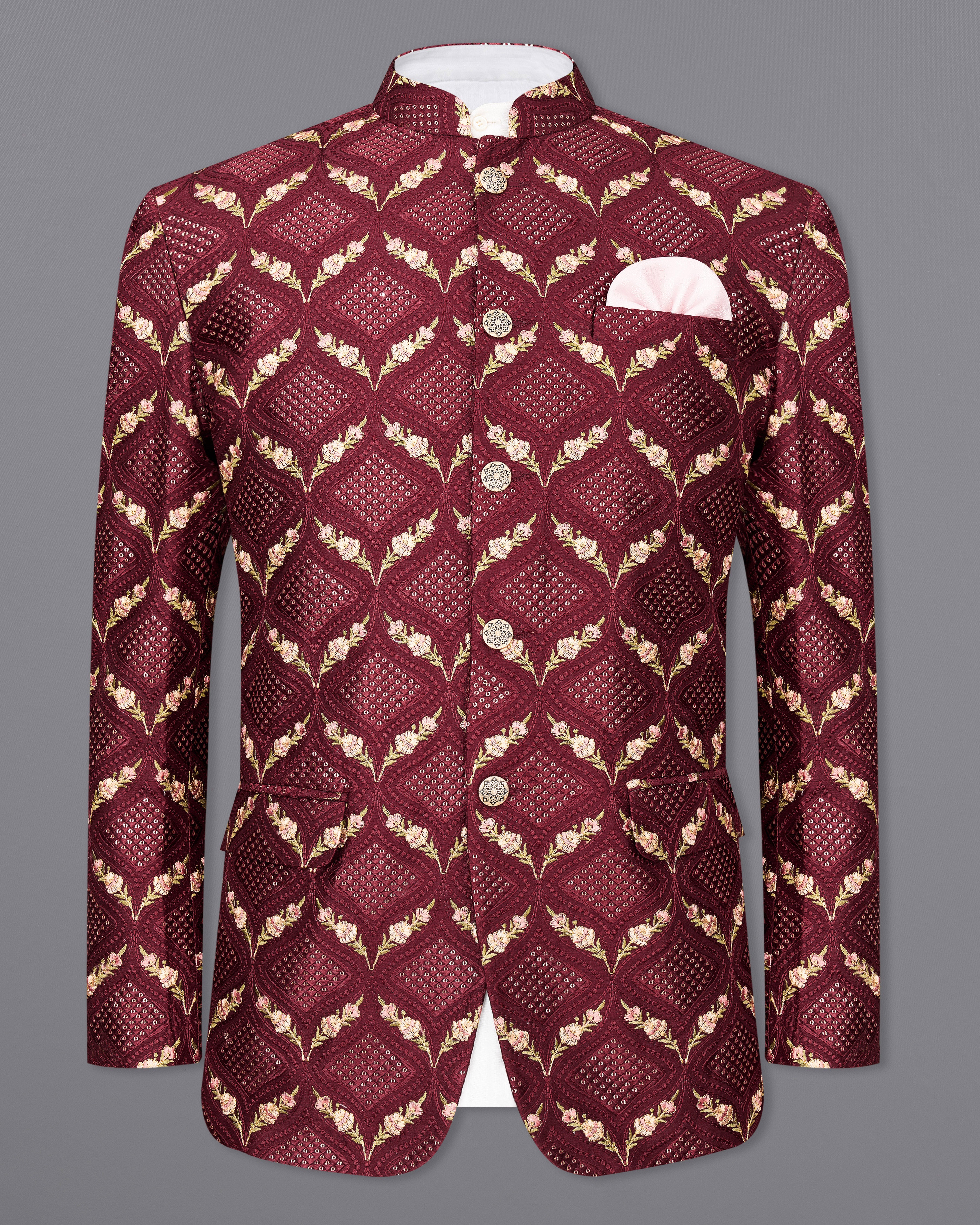 Wine with Lichen Green and Flamingo Pink Embroidered with Sequins Work Bandhgala Blazer BL2403-BG-36, BL2403-BG-38, BL2403-BG-40, BL2403-BG-42, BL2403-BG-44, BL2403-BG-46, BL2403-BG-48, BL2403-BG-50, BL2403-BG-52, BL2403-BG-54, BL2403-BG-56, BL2403-BG-58, BL2403-BG-60	