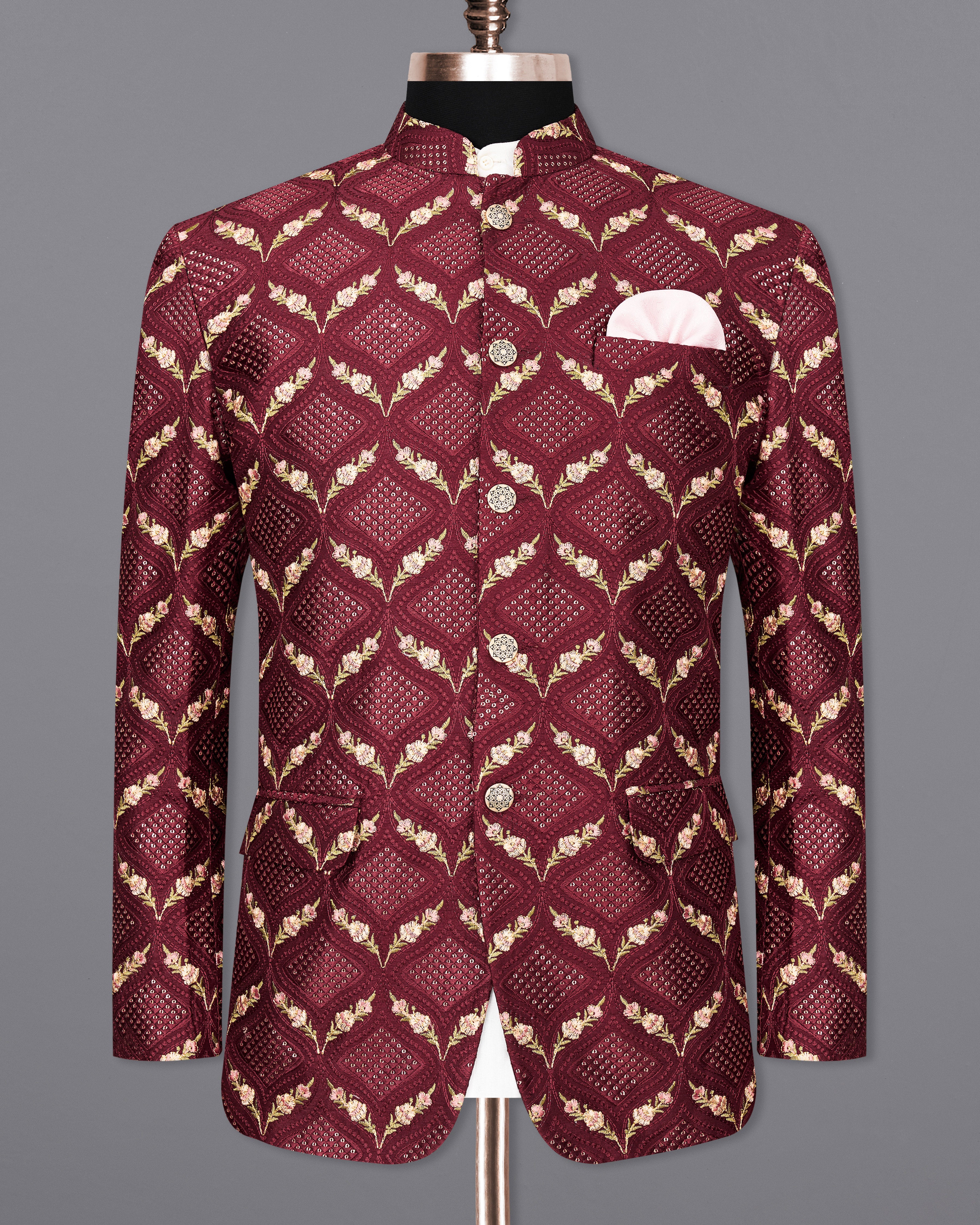 Wine with Lichen Green and Flamingo Pink Embroidered with Sequins Work Bandhgala Blazer BL2403-BG-36, BL2403-BG-38, BL2403-BG-40, BL2403-BG-42, BL2403-BG-44, BL2403-BG-46, BL2403-BG-48, BL2403-BG-50, BL2403-BG-52, BL2403-BG-54, BL2403-BG-56, BL2403-BG-58, BL2403-BG-60	