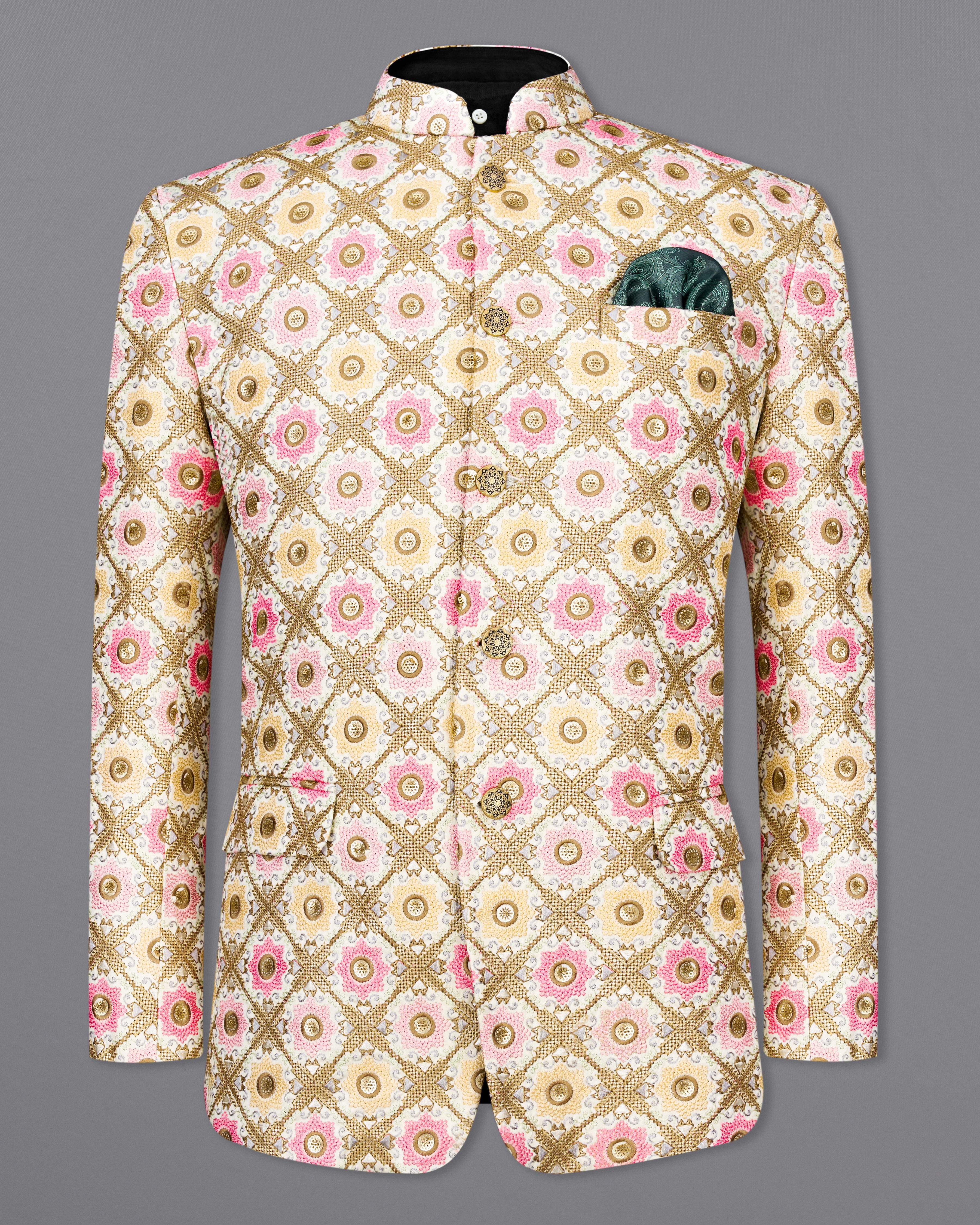 Fawn Brown with Muted Pink Cotton Thread Embroidered Bandhgala Blazer BL2410-BG-36, BL2410-BG-38, BL2410-BG-40, BL2410-BG-42, BL2410-BG-44, BL2410-BG-46, BL2410-BG-48, BL2410-BG-50, BL2410-BG-52, BL2410-BG-54, BL2410-BG-56, BL2410-BG-58, BL2410-BG-60	