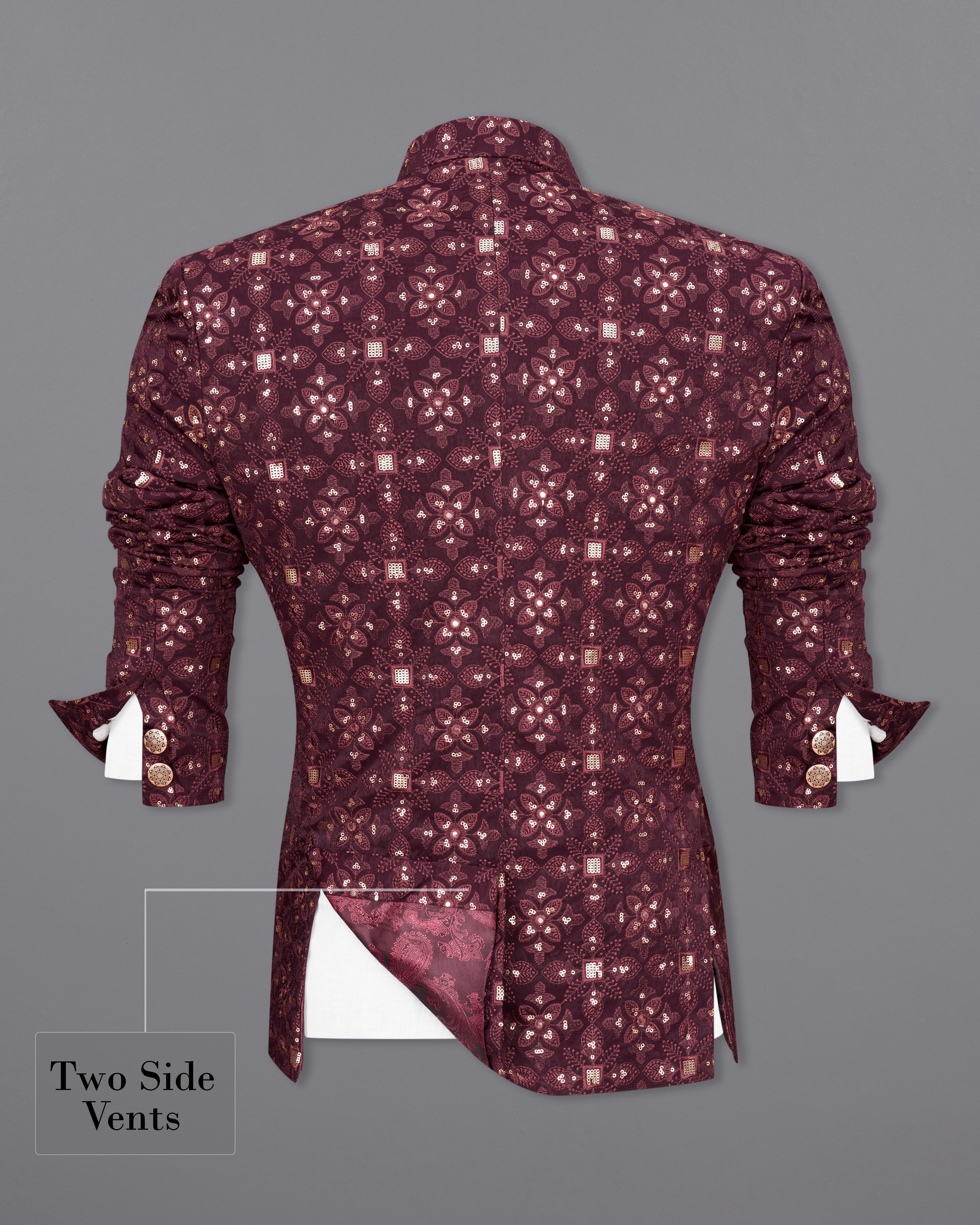 Cocoa Bean Maroon With Sequins Embroidered Bandhgala Blazer BL2415-BG-36,BL2415-BG-38,BL2415-BG-40,BL2415-BG-42,BL2415-BG-44,BL2415-BG-46,BL2415-BG-48,BL2415-BG-50,BL2415-BG-52,BL2415-BG-54,BL2415-BG-56,BL2415-BG-58,BL2415-BG-60