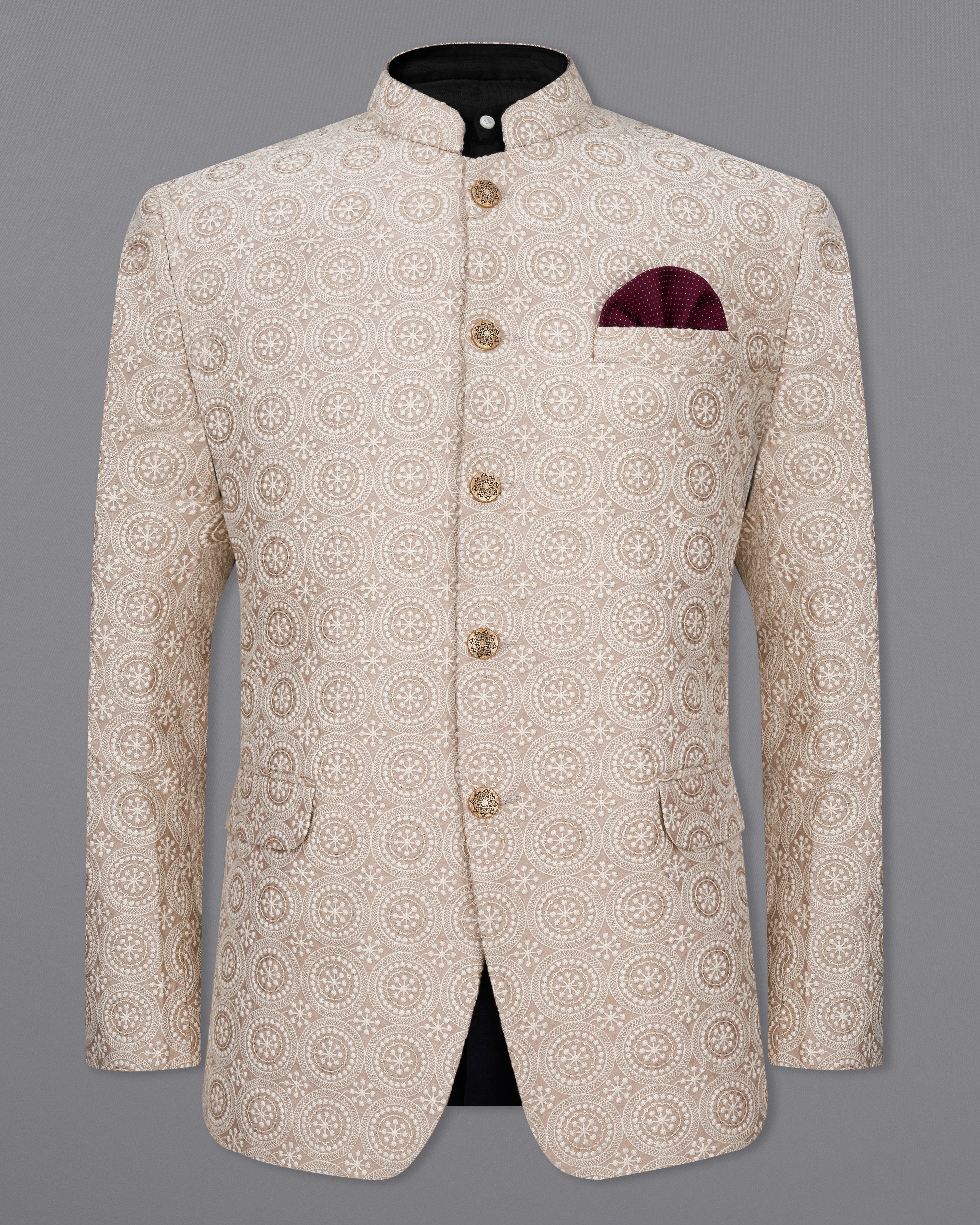 Sisal Brown Cotton Thread Embroidered Bandhgala Blazer BL2419-BG-36,BL2419-BG-38,BL2419-BG-40,BL2419-BG-42,BL2419-BG-44,BL2419-BG-46,BL2419-BG-48,BL2419-BG-50,BL2419-BG-52,BL2419-BG-54,BL2419-BG-56,BL2419-BG-58,BL2419-BG-60