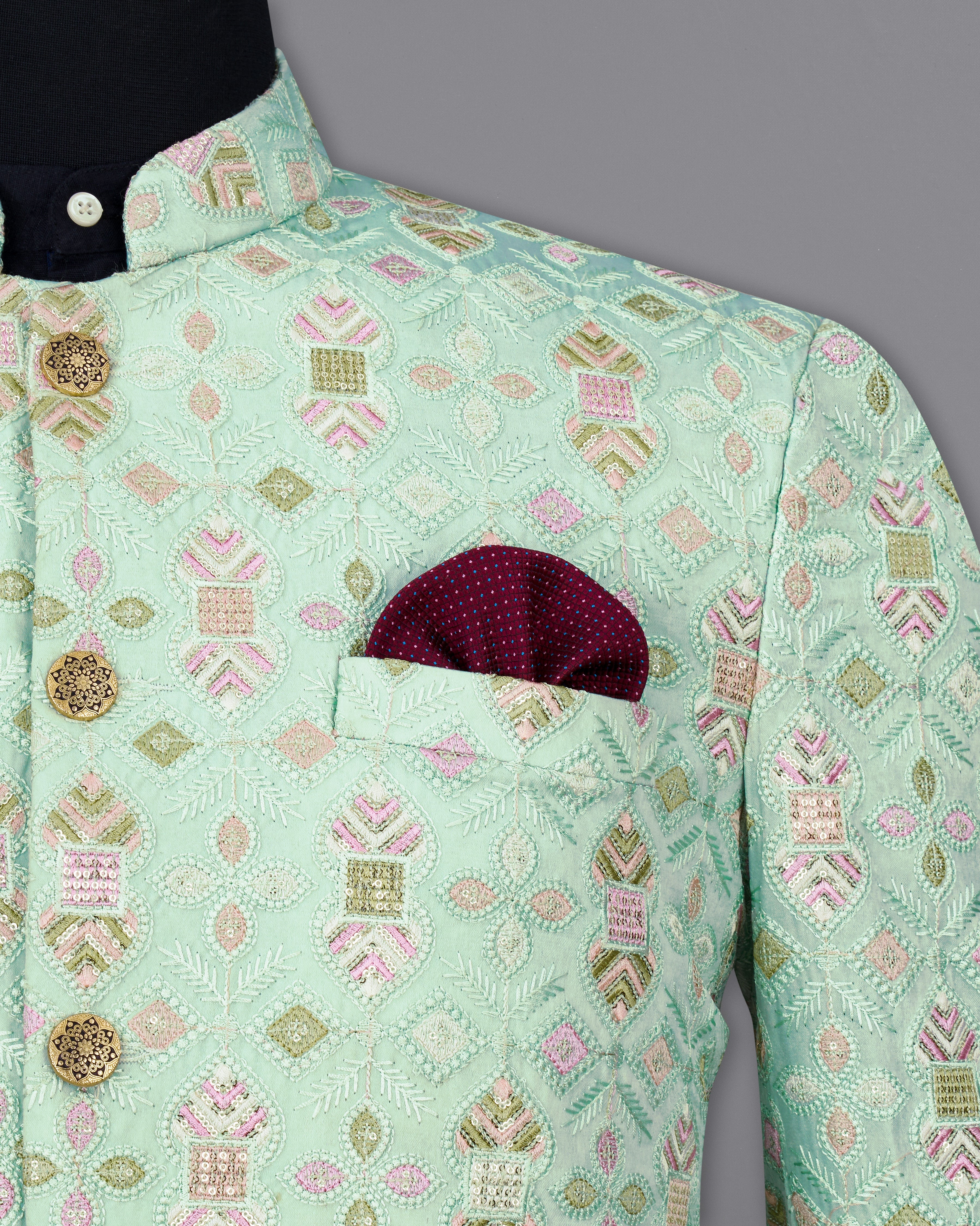 Coriander Green Thread Embroidered Bandhgala Blazer BL2426-BG-36,BL2426-BG-38,BL2426-BG-40,BL2426-BG-42,BL2426-BG-44,BL2426-BG-46,BL2426-BG-48,BL2426-BG-50,BL2426-BG-52,BL2426-BG-54,BL2426-BG-56,BL2426-BG-58,BL2426-BG-60