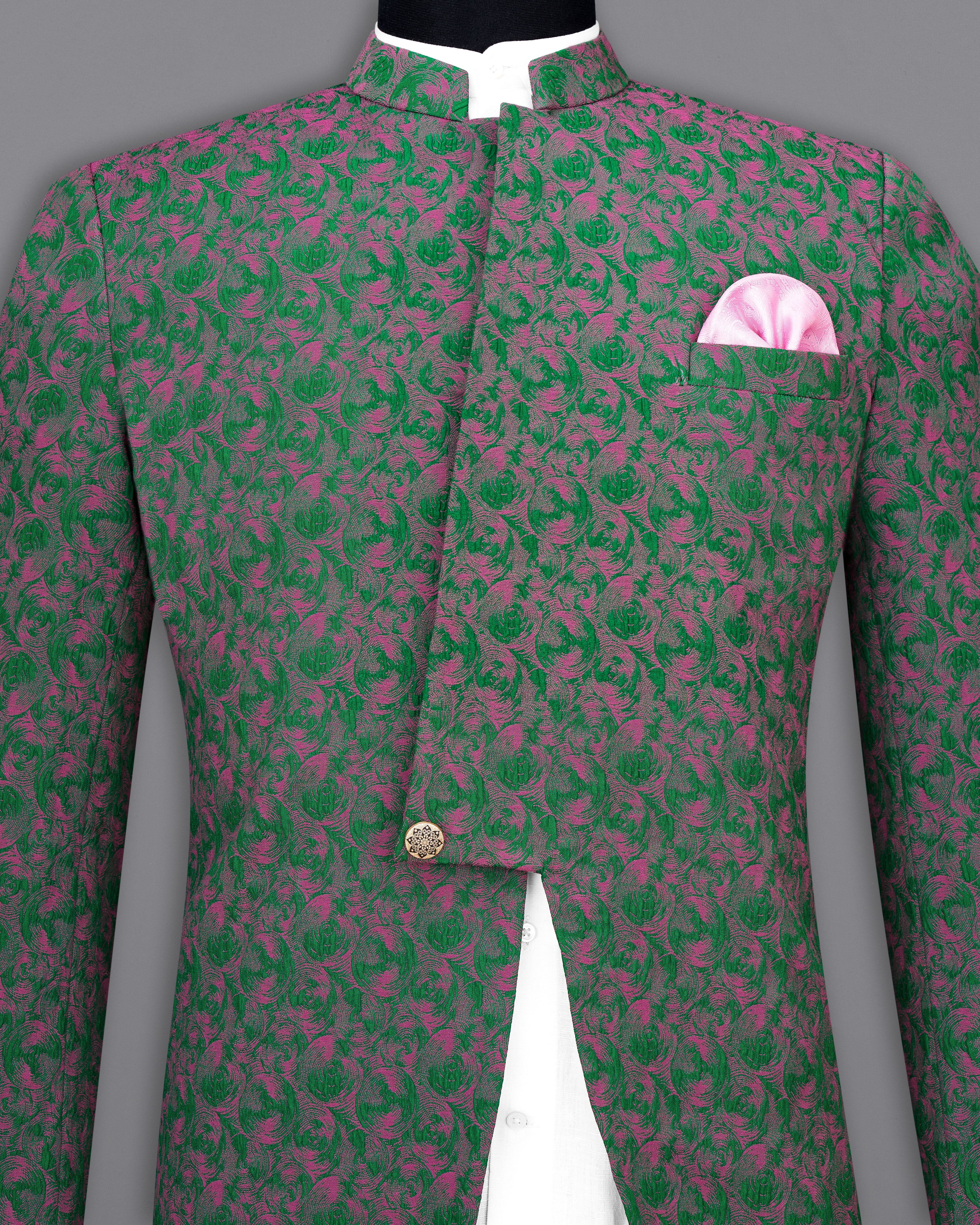 Dartmouth Green with Mulberry Pink Ditsy Textured Bandhgala Designer Blazer BL2444-BG-D255-36,BL2444-BG-D255-38,BL2444-BG-D255-40,BL2444-BG-D255-42,BL2444-BG-D255-44,BL2444-BG-D255-46,BL2444-BG-D255-48,BL2444-BG-D255-50,BL2444-BG-D255-52,BL2444-BG-D255-54,BL2444-BG-D255-56,BL2444-BG-D255-58,BL2444-BG-D255-60