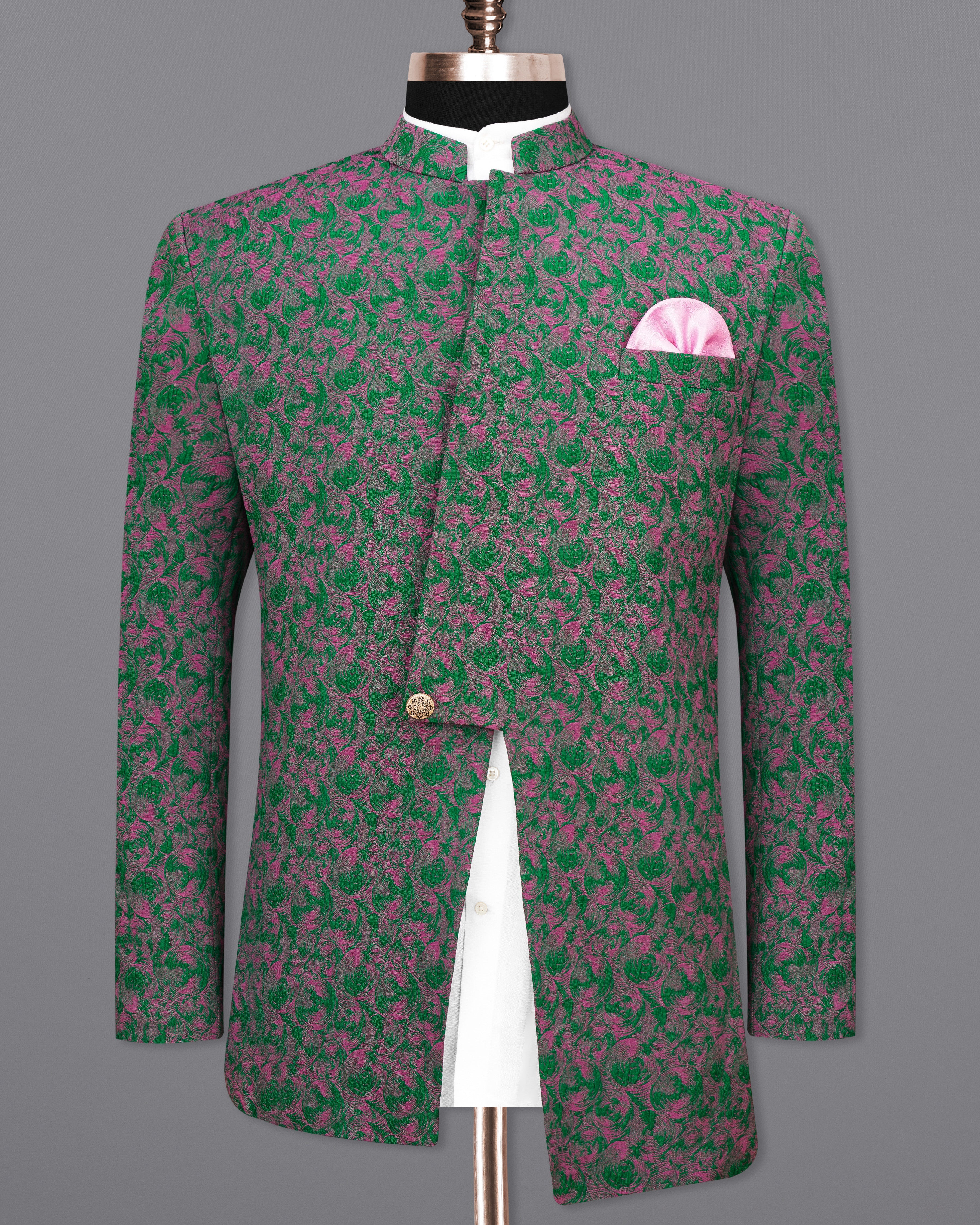 Dartmouth Green with Mulberry Pink Ditsy Textured Bandhgala Designer Blazer BL2444-BG-D255-36,BL2444-BG-D255-38,BL2444-BG-D255-40,BL2444-BG-D255-42,BL2444-BG-D255-44,BL2444-BG-D255-46,BL2444-BG-D255-48,BL2444-BG-D255-50,BL2444-BG-D255-52,BL2444-BG-D255-54,BL2444-BG-D255-56,BL2444-BG-D255-58,BL2444-BG-D255-60