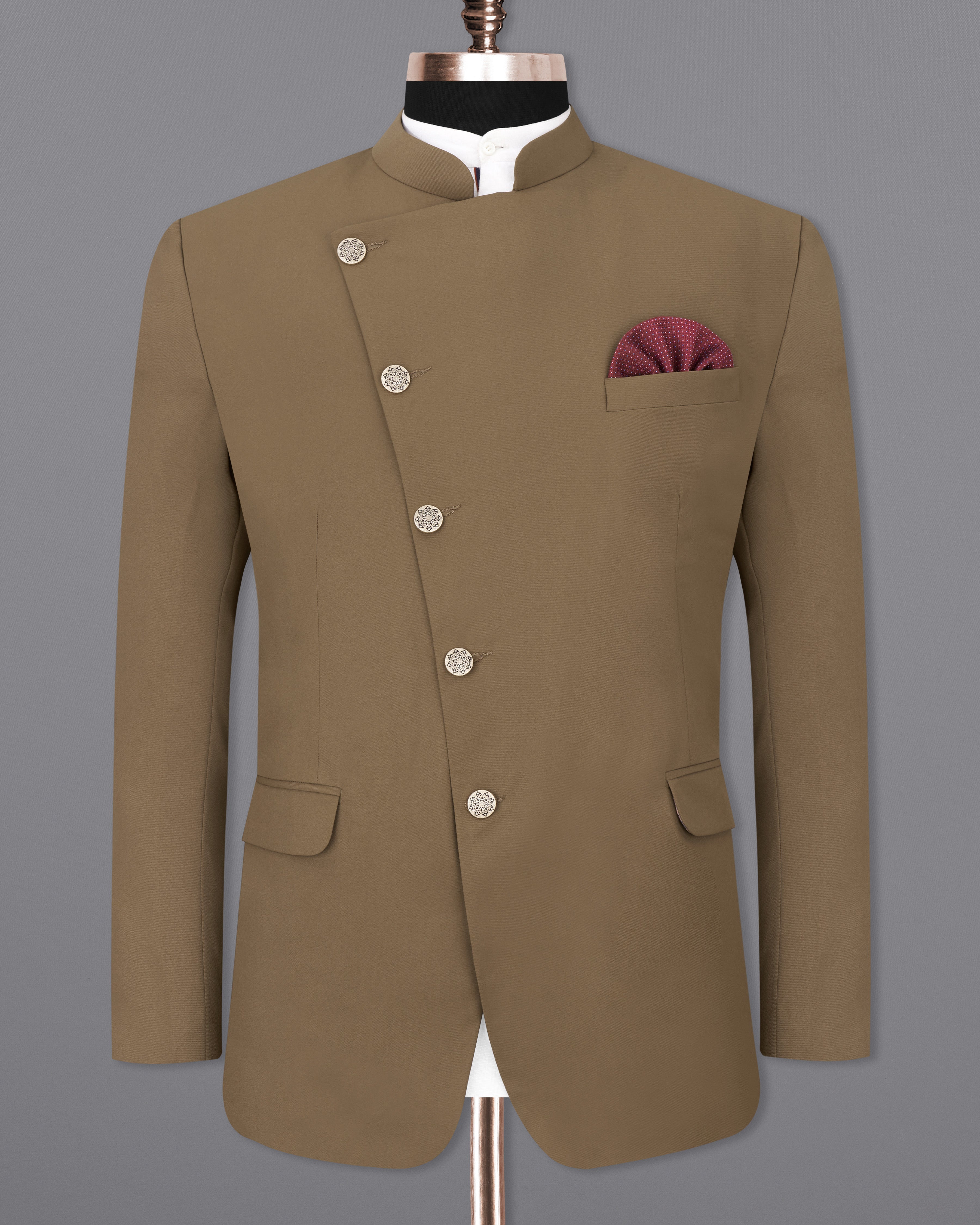 Khaki Brown Cross Buttoned Bandhgala Blazer BL2464-CBG-36, BL2464-CBG-38, BL2464-CBG-40, BL2464-CBG-42, BL2464-CBG-44, BL2464-CBG-46, BL2464-CBG-48, BL2464-CBG-50, BL2464-CBG-52, BL2464-CBG-54, BL2464-CBG-56, BL2464-CBG-58, BL2464-CBG-60	