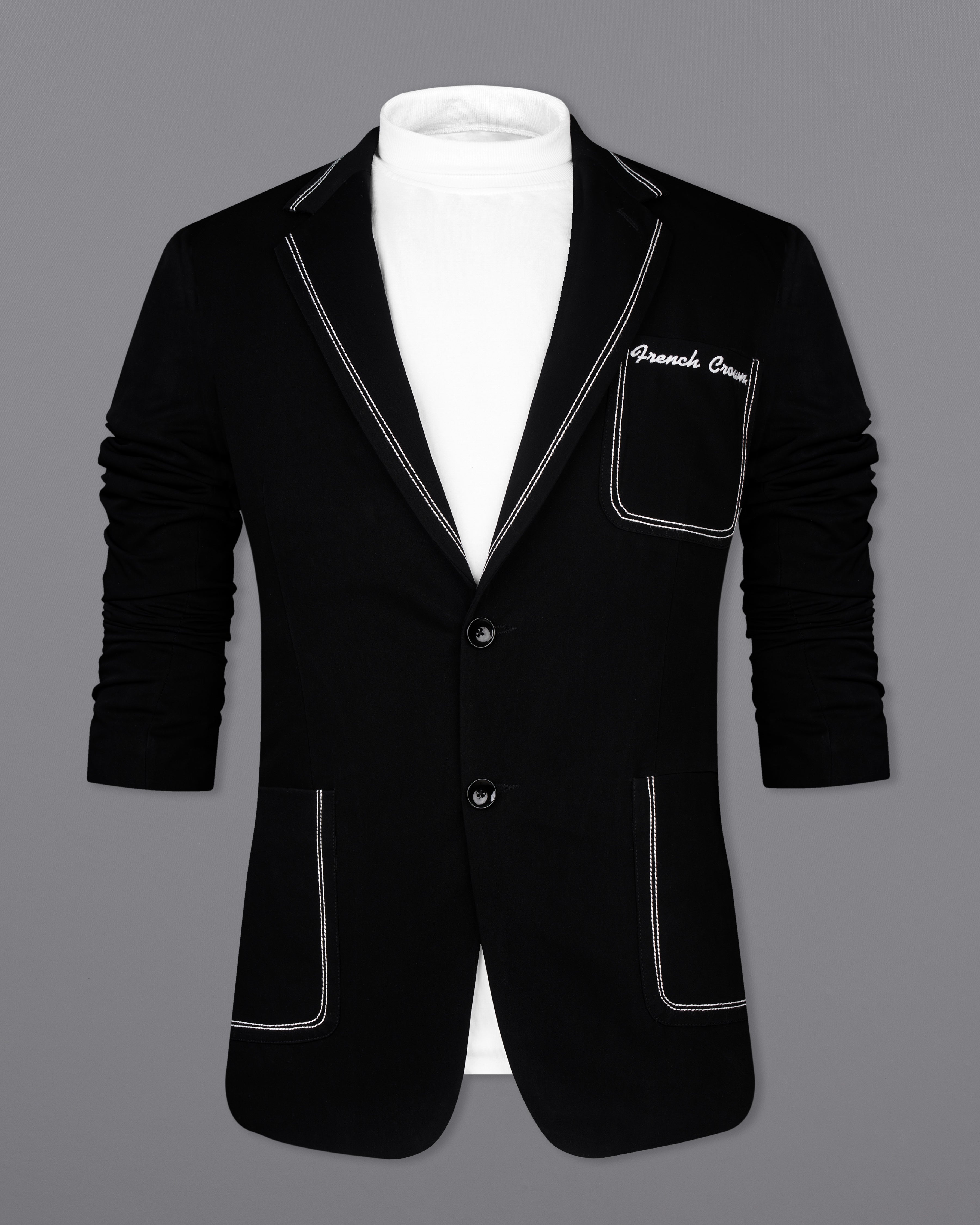 Korean  Black (The Best Black On This Planet) Embroidered Single Breasted Designer Signature Blazer BL2561-SB-PP-D244-36, BL2561-SB-PP-D244-38, BL2561-SB-PP-D244-40, BL2561-SB-PP-D244-42, BL2561-SB-PP-D244-44, BL2561-SB-PP-D244-46, BL2561-SB-PP-D244-48, BL2561-SB-PP-D244-50,, BL2561-SB-PP-D244-52, BL2561-SB-PP-D244-54, BL2561-SB-PP-D244-56, BL2561-SB-PP-D244-58, BL2561-SB-PP-D244-60
