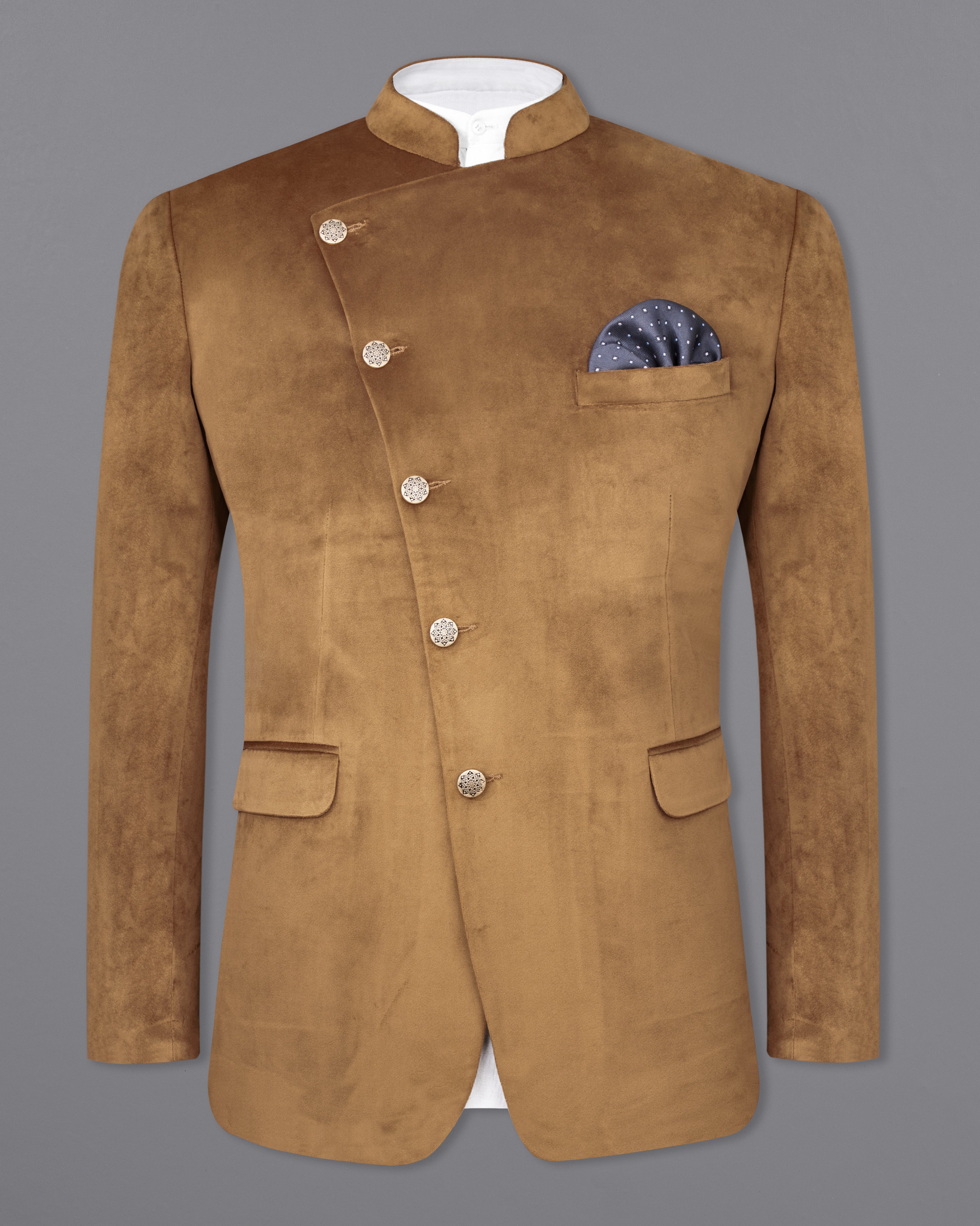 Nutmeg Brown Cross Buttoned Bandhgala Velvet Blazer BL2573-CBG-36,BL2573-CBG-38,BL2573-CBG-40,BL2573-CBG-42,BL2573-CBG-44,BL2573-CBG-46,BL2573-CBG-48,BL2573-CBG-50,,BL2573-CBG-52,BL2573-CBG-54,BL2573-CBG-56,BL2573-CBG-58,BL2573-CBG-60