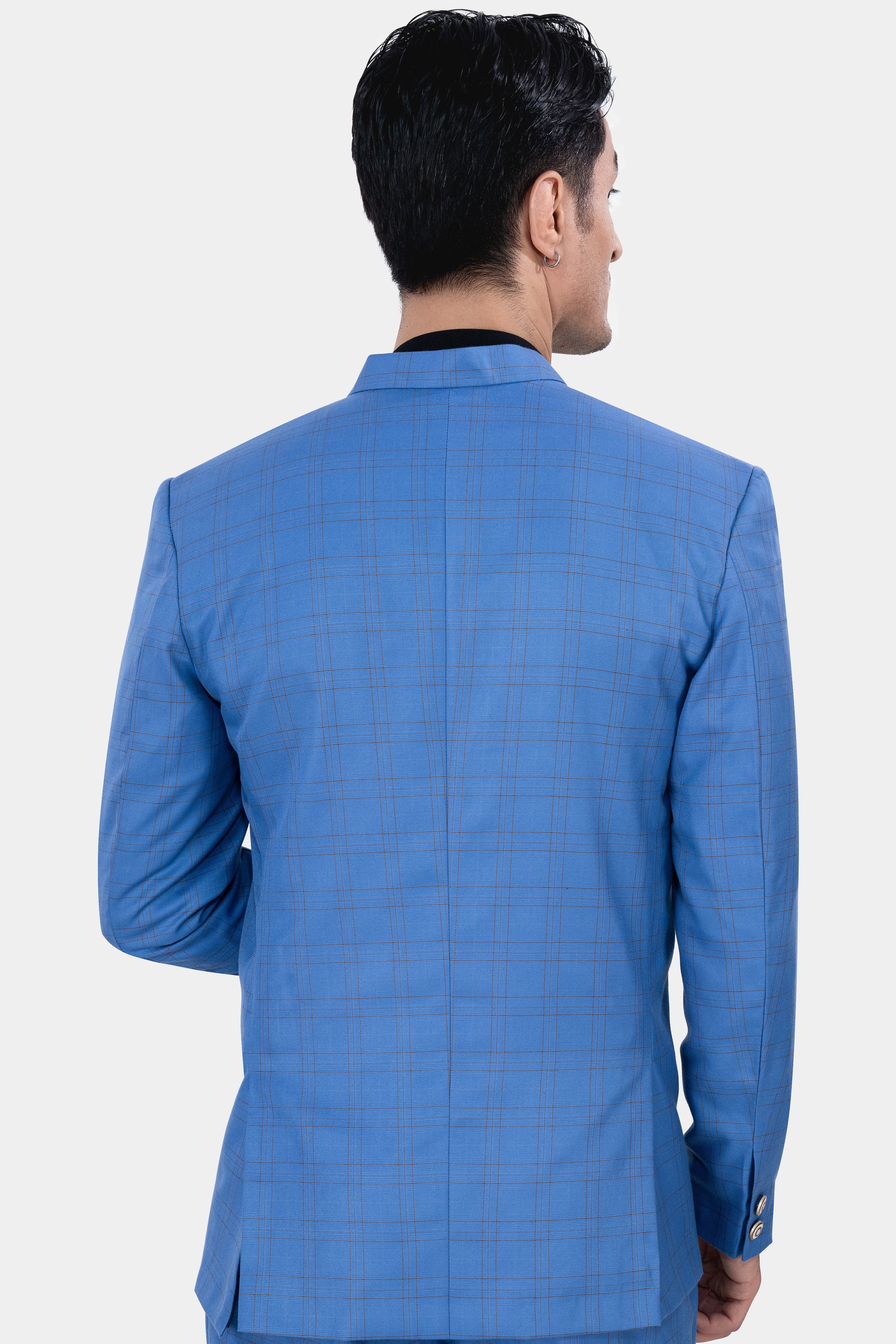 Tufts Blue and Taupe Brown Plaid Wool Rich Bandhgala Designer Blazer BL2876-D434-36, BL2876-D434-38, BL2876-D434-40, BL2876-D434-42, BL2876-D434-44, BL2876-D434-46, BL2876-D434-48, BL2876-D434-50, BL2876-D434-76, BL2876-D434-54, BL2876-D434-56, BL2876-D434-58, BL2876-D434-60