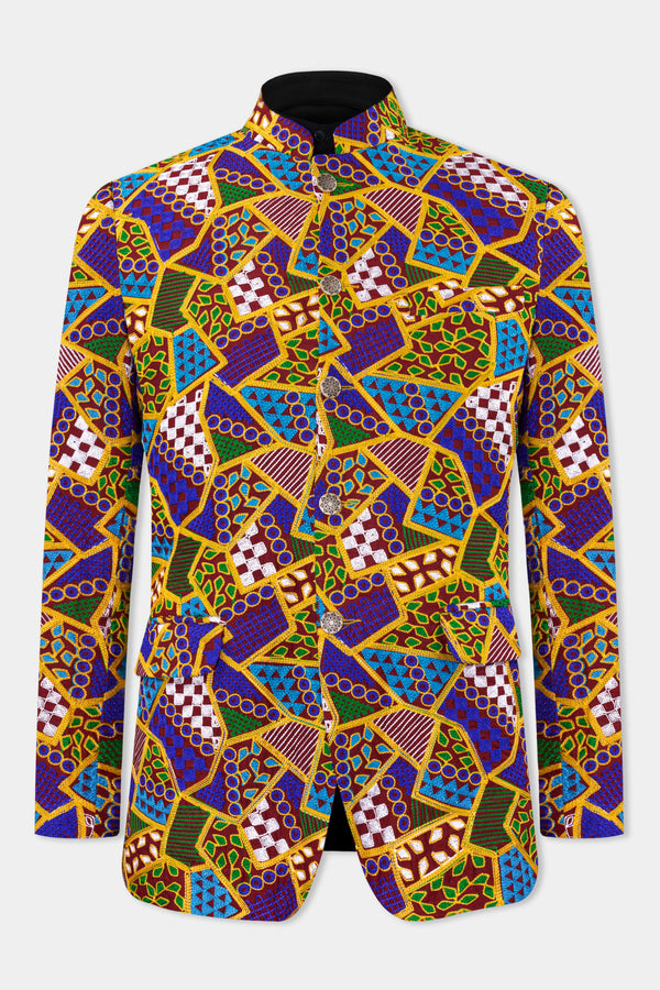 Amber Yellow with Cobalt Blue Multicolour Cotton Thread Embroidered Bandhgala Designer Blazer