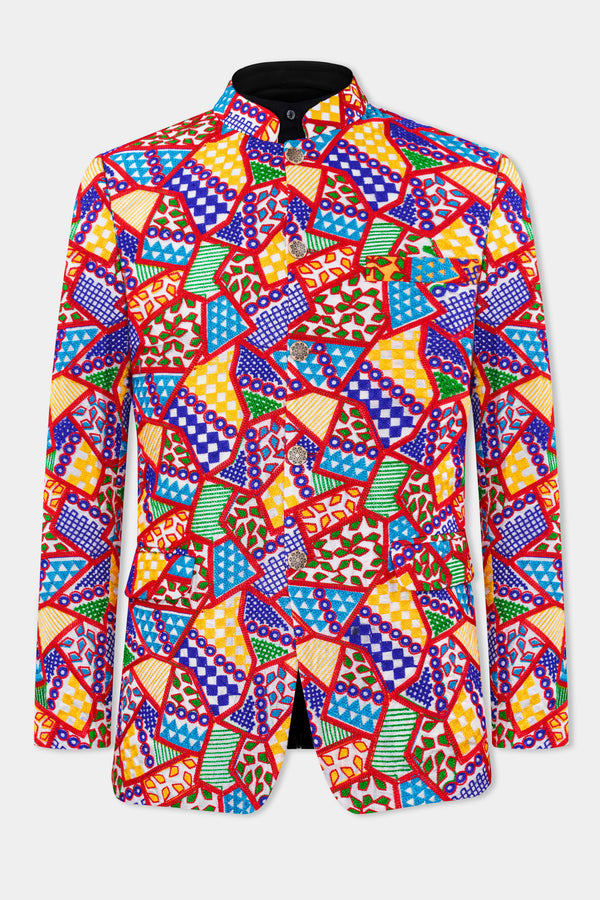 Carmine Red with Cobalt Blue and Amber Yellow Multicolour Cotton Thread Embroidered Bandhgala Designer Blazer