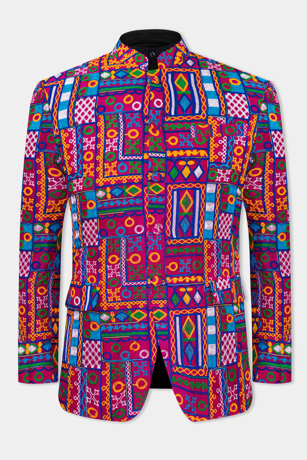 Fuchsia Pink and Smalt Blue Multicolour Cotton Thread Embroidered Bandhgala Designer Blazer