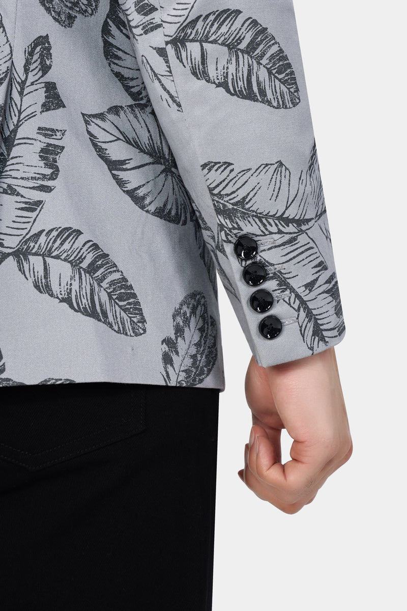 Gainsboro and Comet Gray Leaves Printed Premium Cotton Blazer