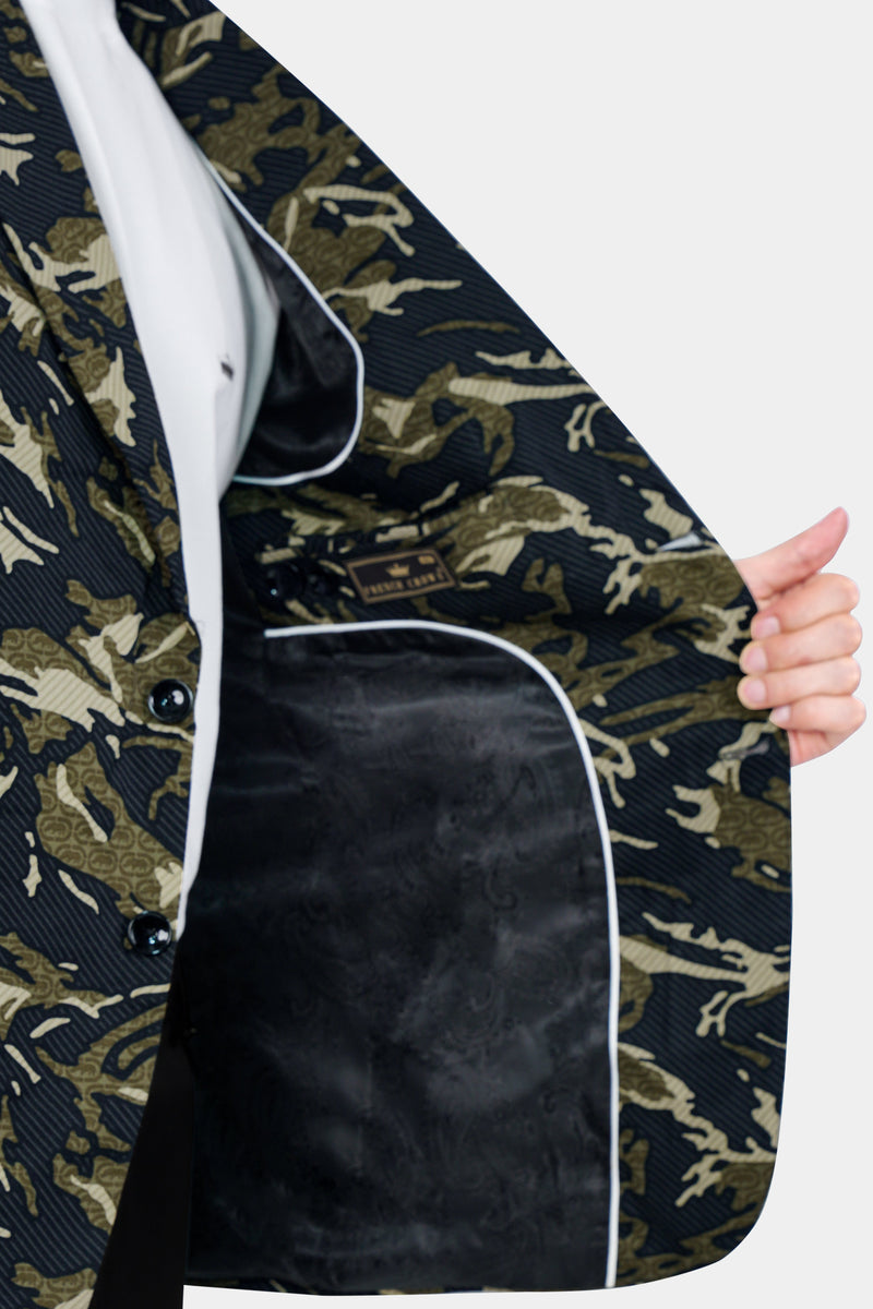 Mirage Black and Sage Green Printed Premium Cotton Single-Breasted Blazer