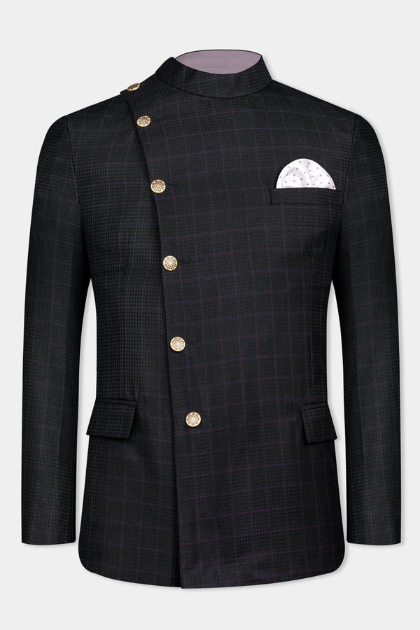 Bastille Black and Murasaki Purple Windowpane Cross Buttoned Wool Rich Bandhgala Blazer