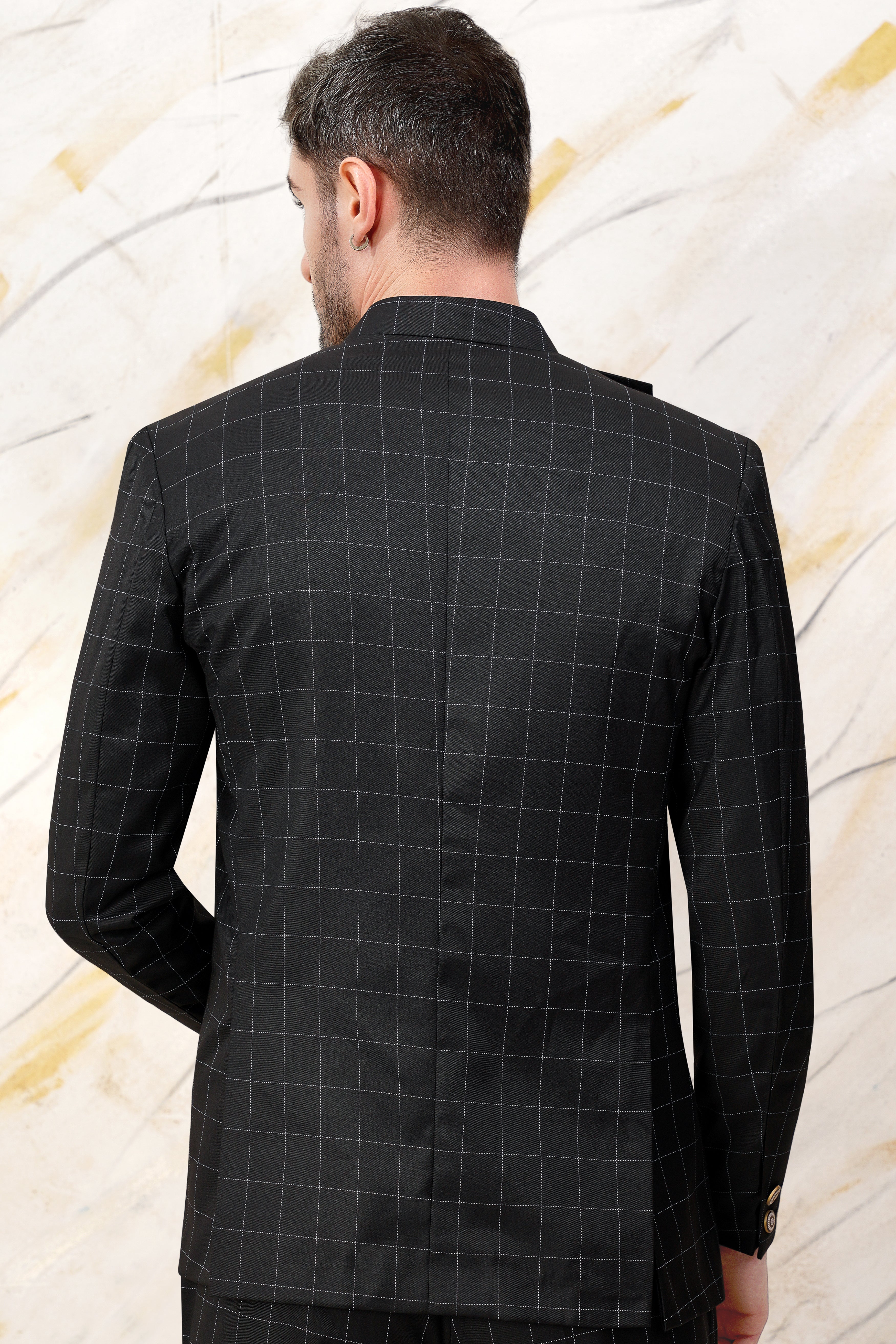 Jade Black Windowpane Wool Rich Bandhgala Designer Blazer BL3070-CBG-D397-36, BL3070-CBG-D397-38, BL3070-CBG-D397-40, BL3070-CBG-D397-42, BL3070-CBG-D397-44, BL3070-CBG-D397-46, BL3070-CBG-D397-48, BL3070-CBG-D397-50, BL3070-CBG-D397-52, BL3070-CBG-D397-54, BL3070-CBG-D397-56, BL3070-CBG-D397-58, BL3070-CBG-D397-60