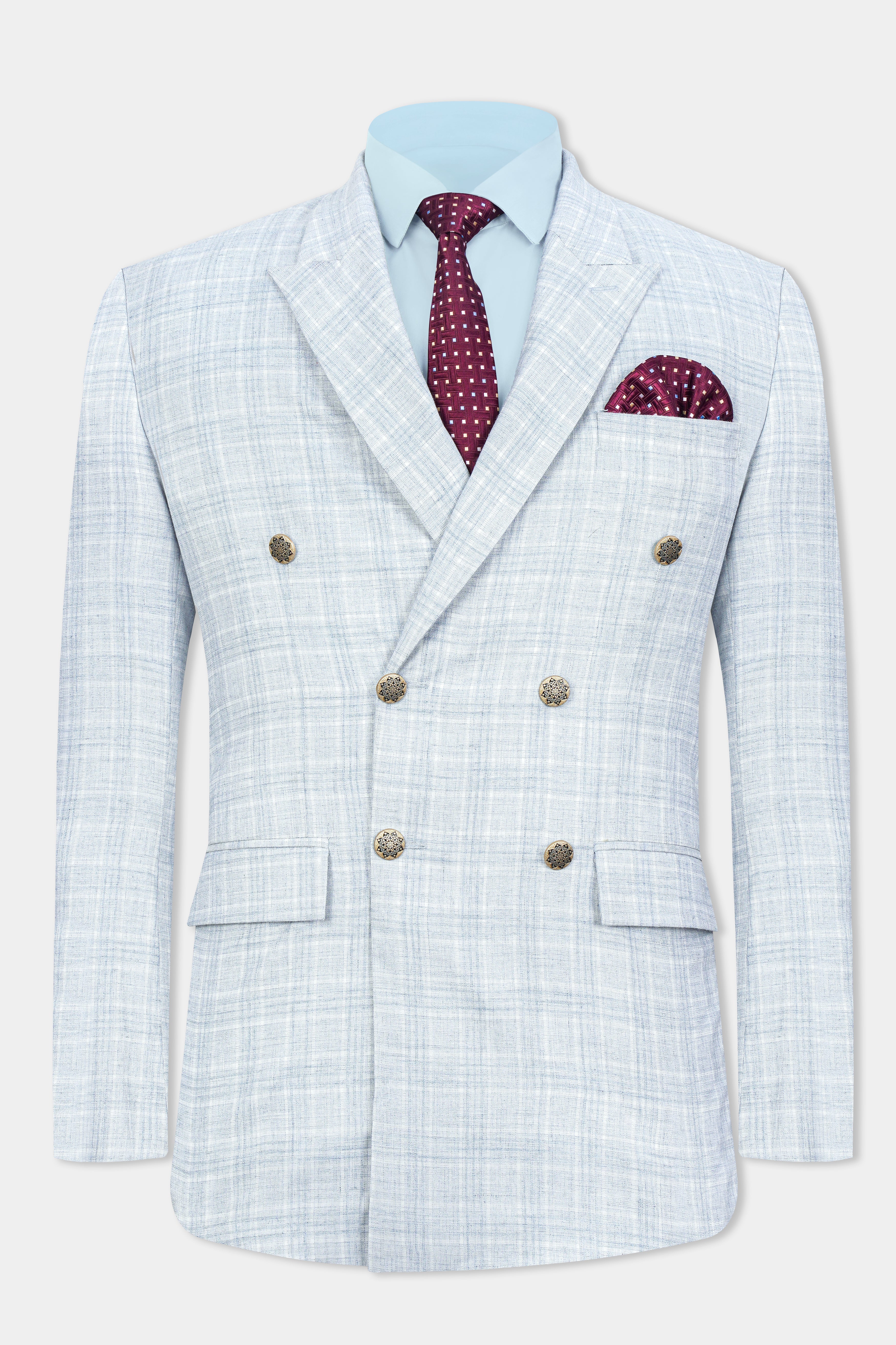Gainsboro Blue Plaid Wool Rich Double Breasted Blazer BL3076-DB-GB-36, BL3076-DB-GB-38, BL3076-DB-GB-40, BL3076-DB-GB-42, BL3076-DB-GB-44, BL3076-DB-GB-46, BL3076-DB-GB-48, BL3076-DB-GB-50, BL3076-DB-GB-52, BL3076-DB-GB-54, BL3076-DB-GB-56, BL3076-DB-GB-58, BL3076-DB-GB-60