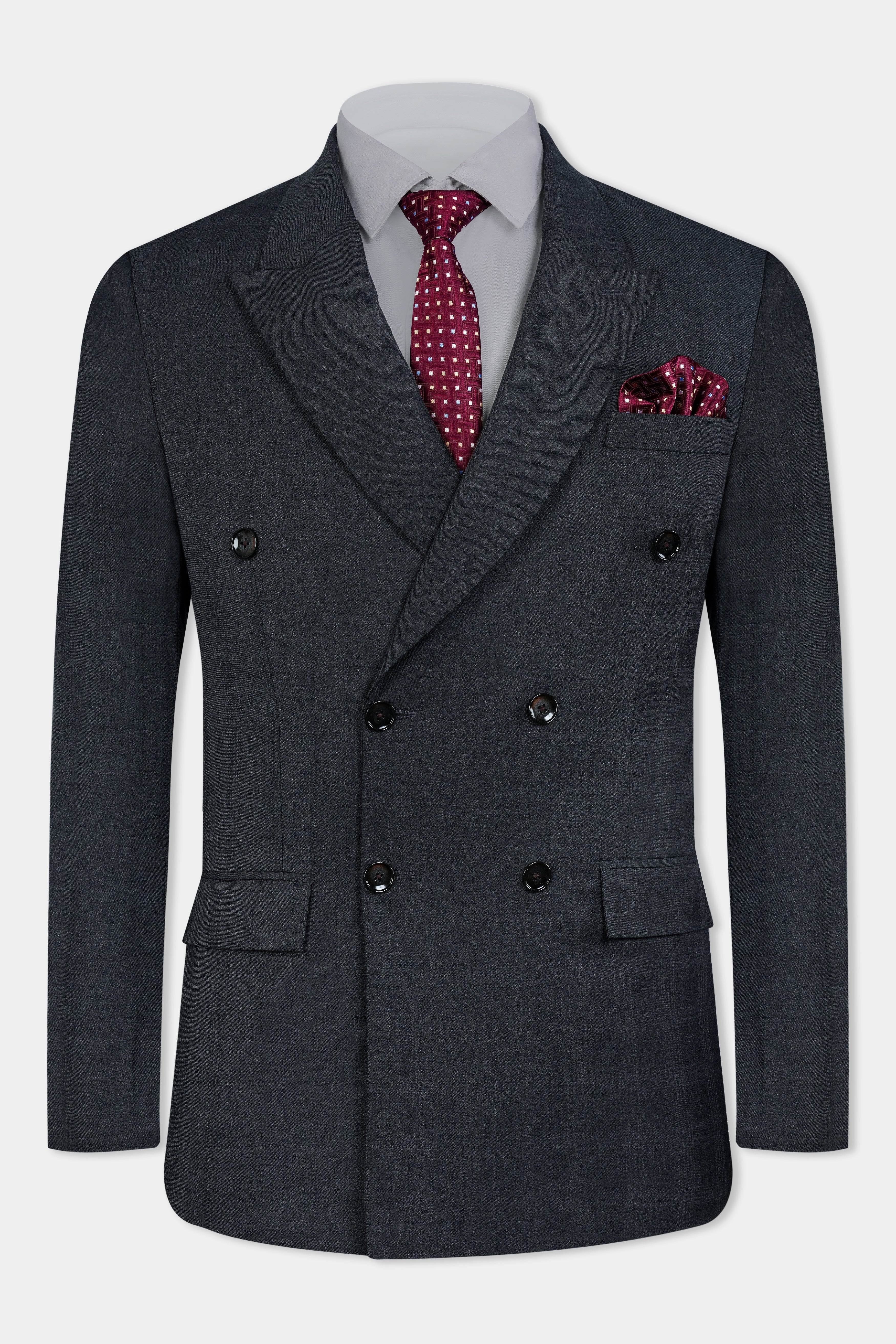 Thunder Gray Checkered Wool Rich Double Breasted Blazer