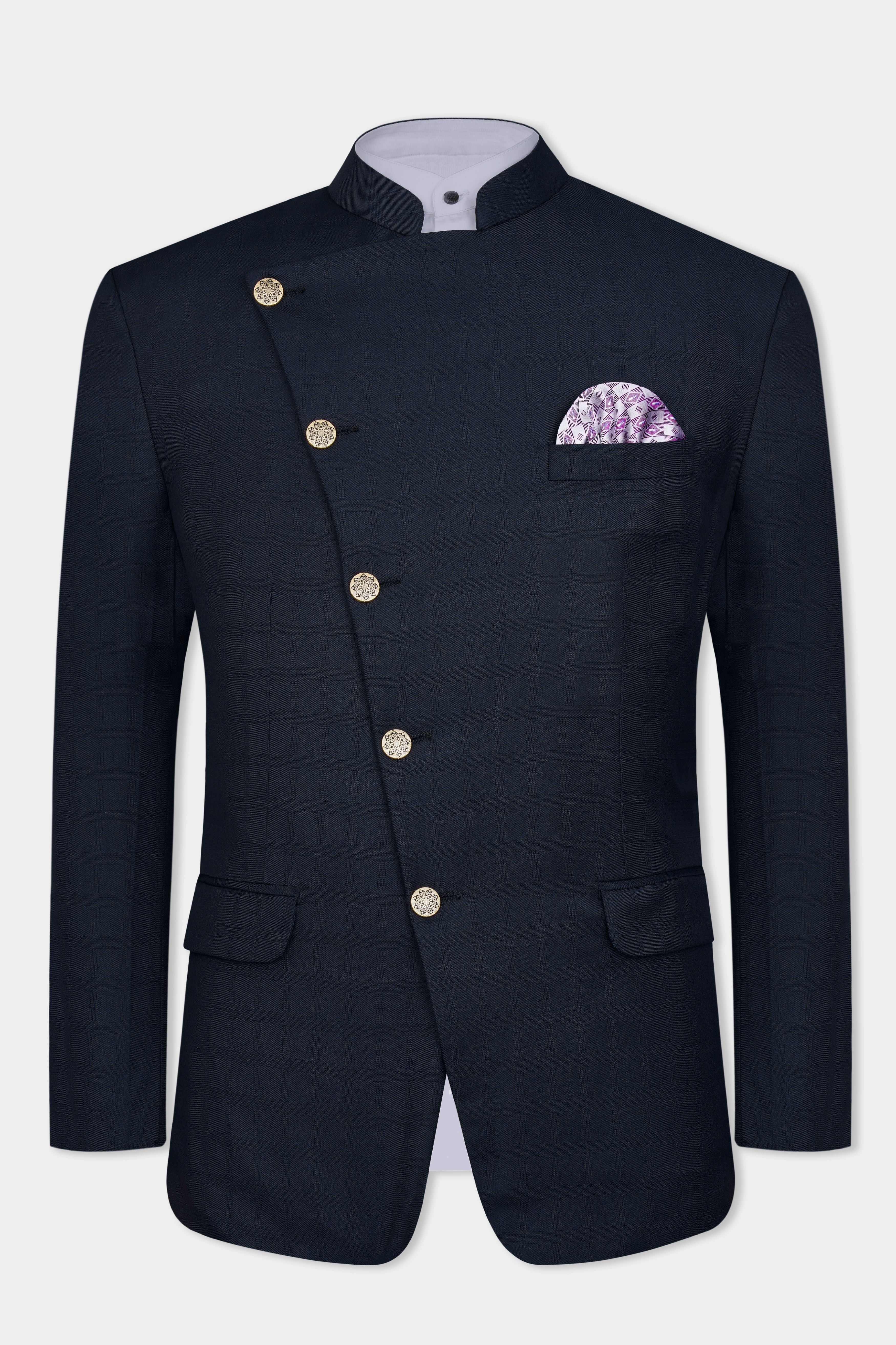 Baltic Blue Subtle Checkered Cross Buttoned Bandhgala Wool Rich Blazer
