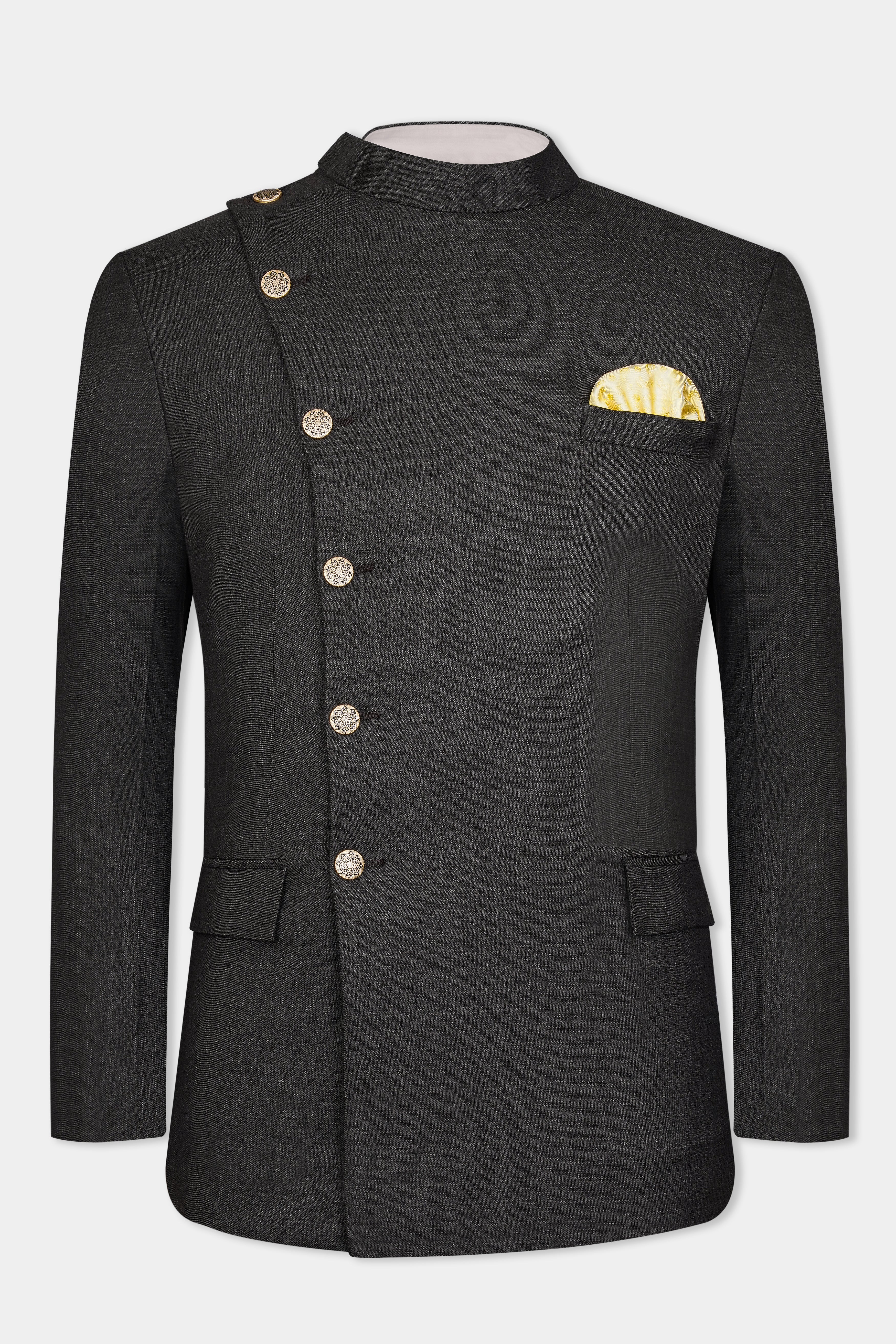 Zeus Black Subtle Checkered Wool Rich Cross Buttoned Bandhgala Blazer