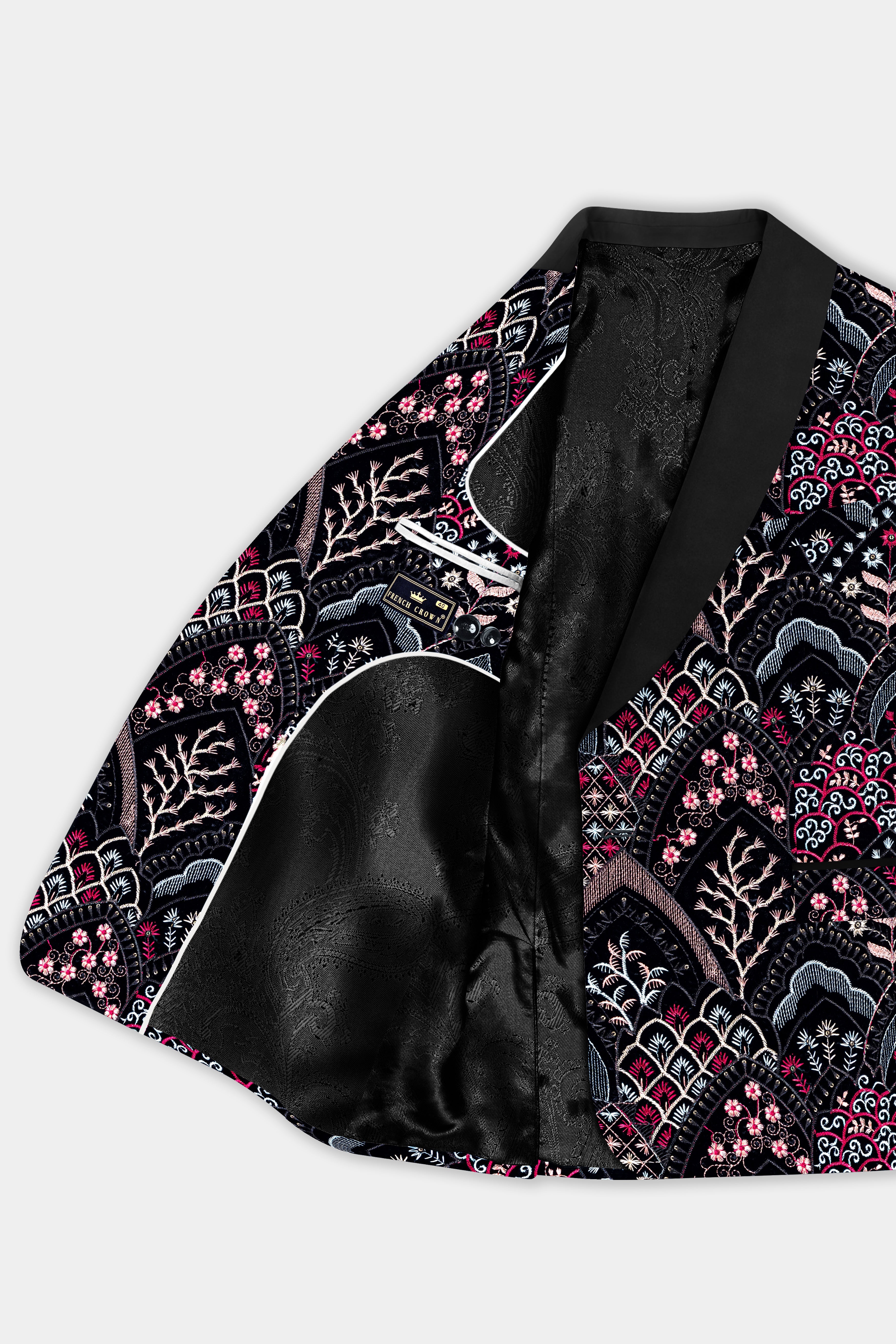 Jade Black with Tyrian Pink and Opium Brown Multicolour Floral Embroidered Tuxedo Blazer BL3690-BKL-36, BL3690-BKL-38, BL3690-BKL-40, BL3690-BKL-42, BL3690-BKL-44, BL3690-BKL-46, BL3690-BKL-48, BL3690-BKL-50, BL3690-BKL-52, BL3690-BKL-54, BL3690-BKL-56, BL3690-BKL-58, BL3690-BKL-60