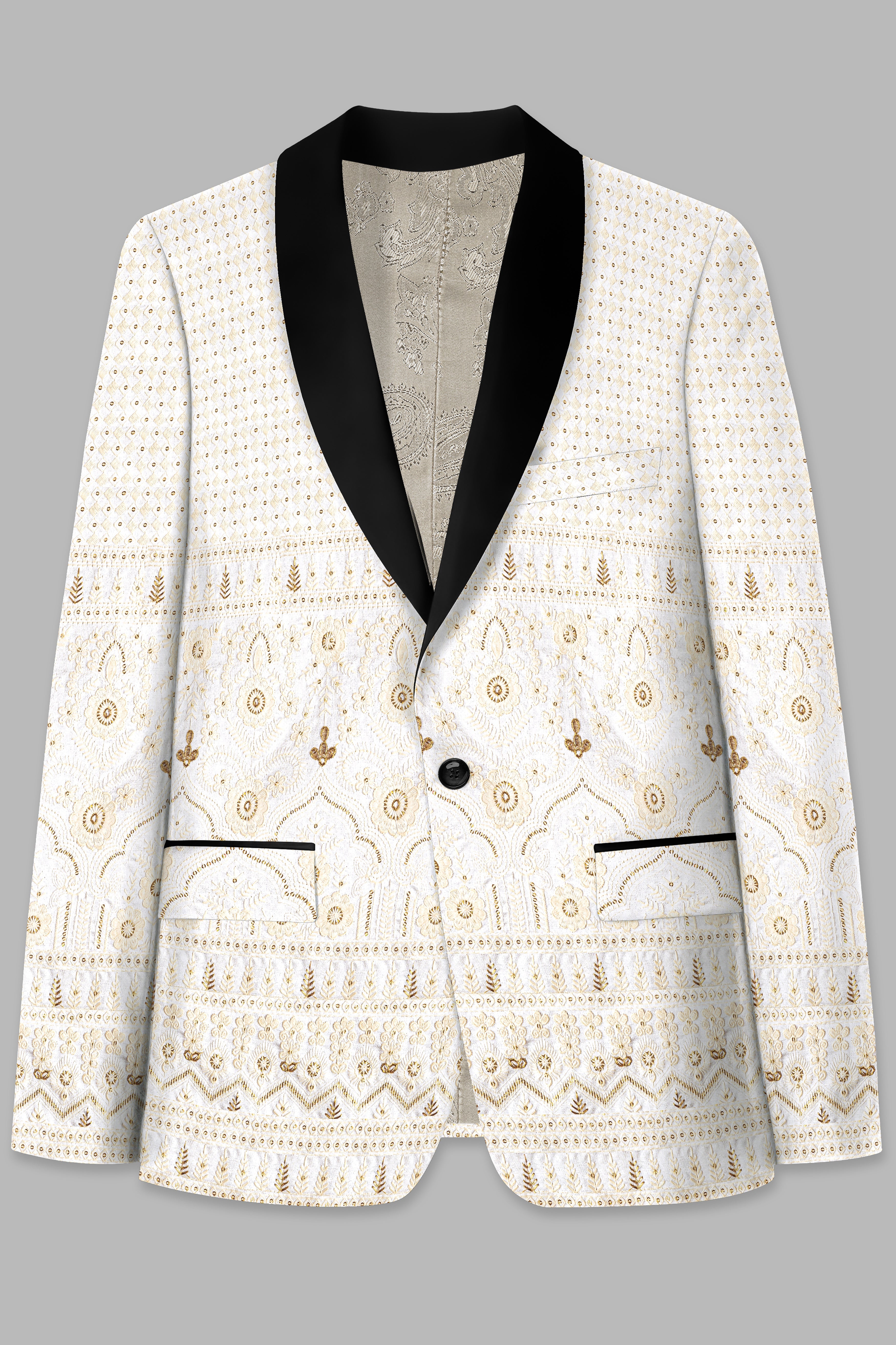 Sand Cream Thread and Sequin Embroidered Tuxedo Blazer BL3740-BKL-36, BL3740-BKL-38, BL3740-BKL-40, BL3740-BKL-42, BL3740-BKL-44, BL3740-BKL-46, BL3740-BKL-48, BL3740-BKL-50, BL3740-BKL-52, BL3740-BKL-54, BL3740-BKL-56, BL3740-BKL-58, BL3740-BKL-60
