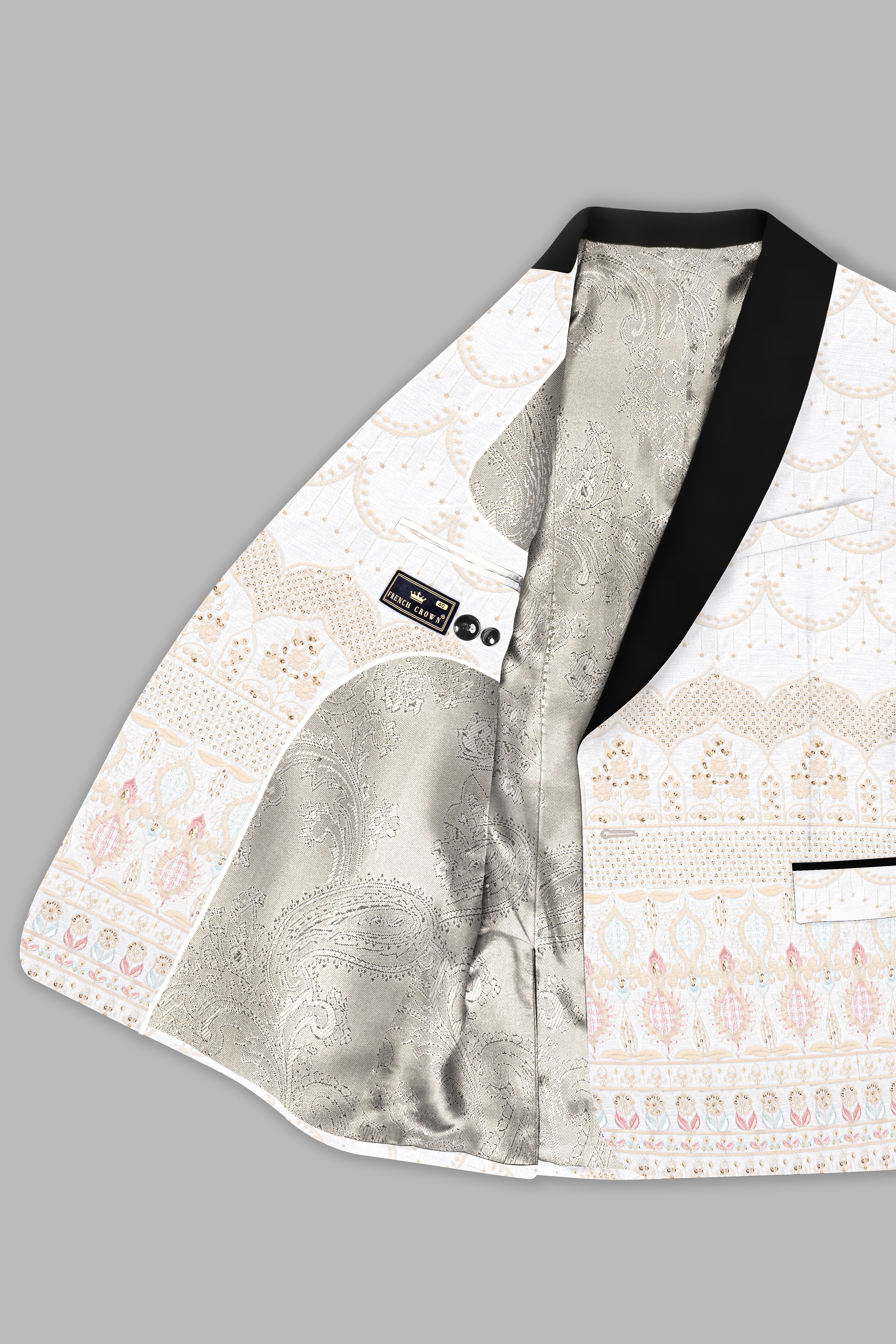 Sand Cream Sequin and Thread Embroidered Tuxedo Blazer BL3741-BKL-36, BL3741-BKL-38, BL3741-BKL-40, BL3741-BKL-42, BL3741-BKL-44, BL3741-BKL-46, BL3741-BKL-48, BL3741-BKL-50, BL3741-BKL-52, BL3741-BKL-54, BL3741-BKL-56, BL3741-BKL-58, BL3741-BKL-60